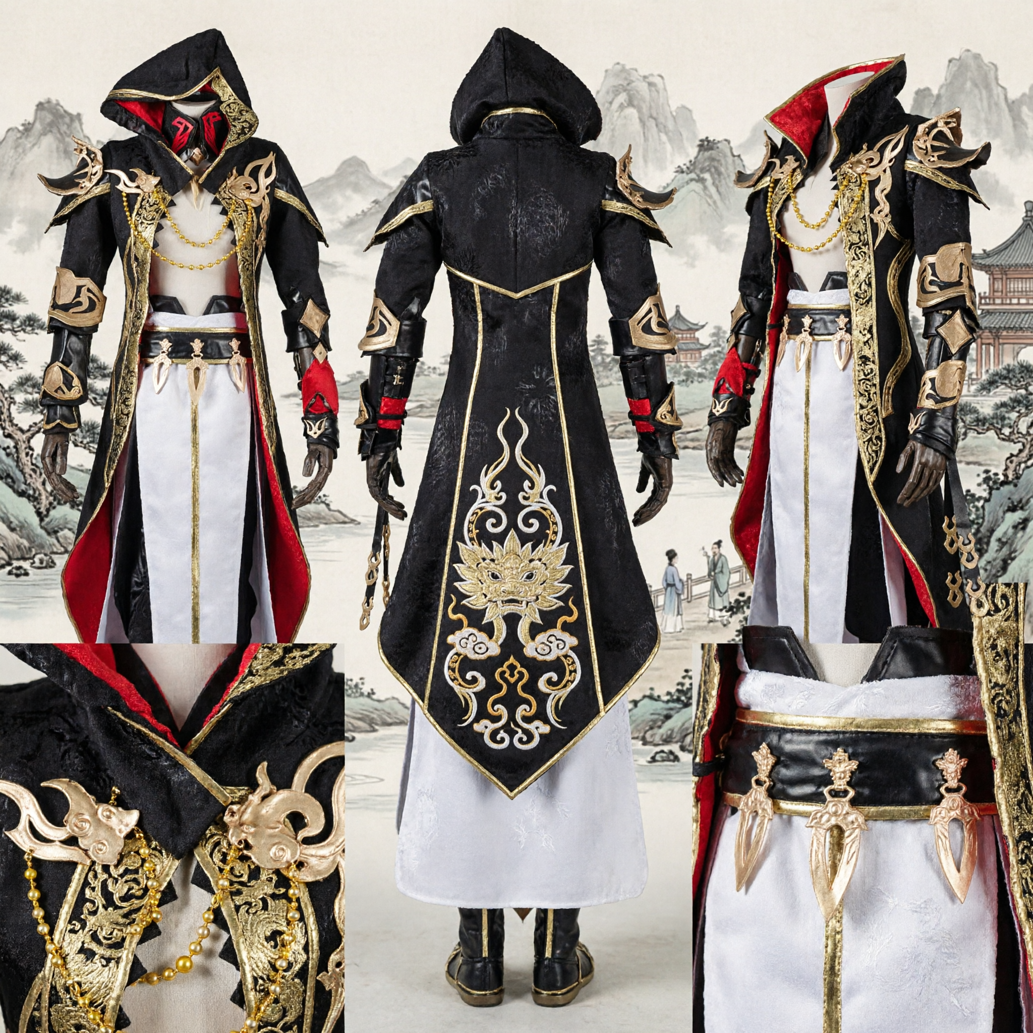 Men's Black Gold Hooded Assassin Cosplay Costume Fantasy RPG Gaming Outfit for Halloween Party