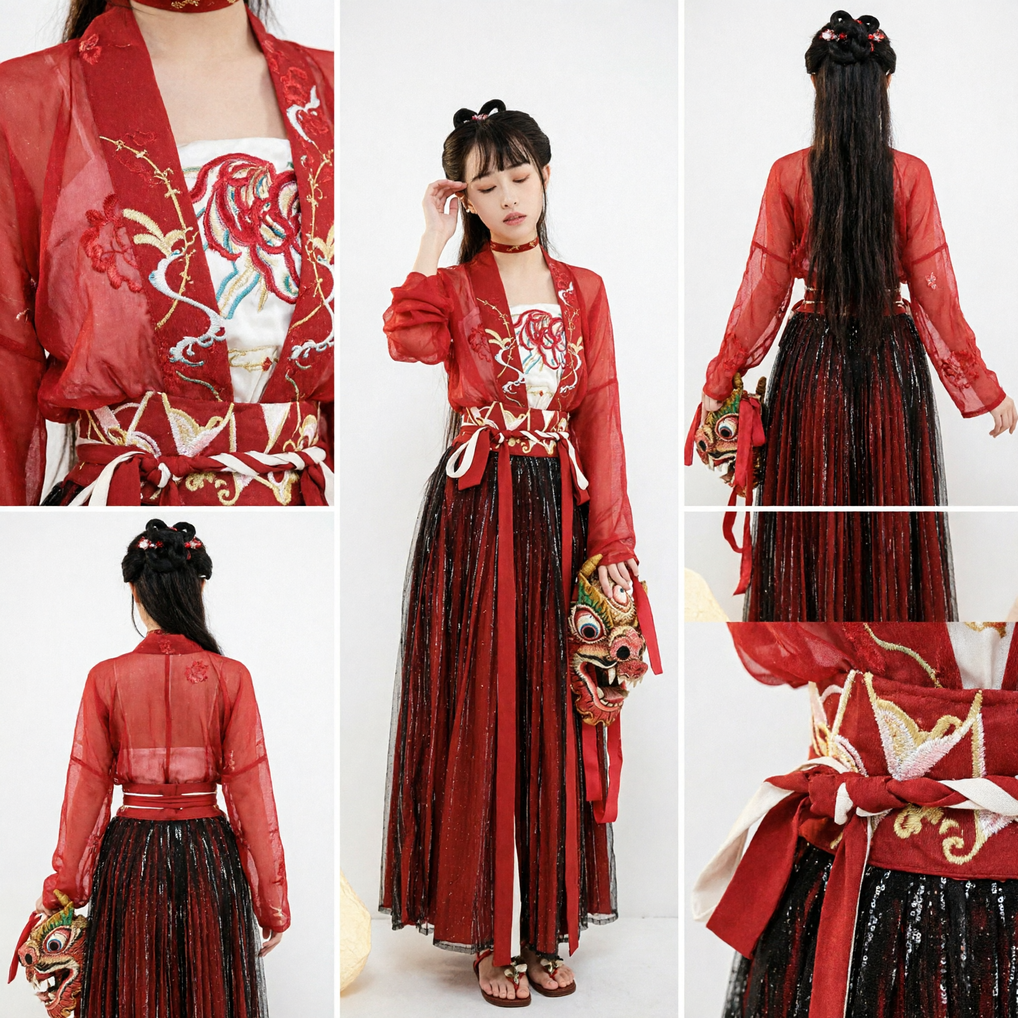Women's Red Traditional Chinese Hanfu Costume with Lion Dance Embroidery for Stage Performance and Festivals