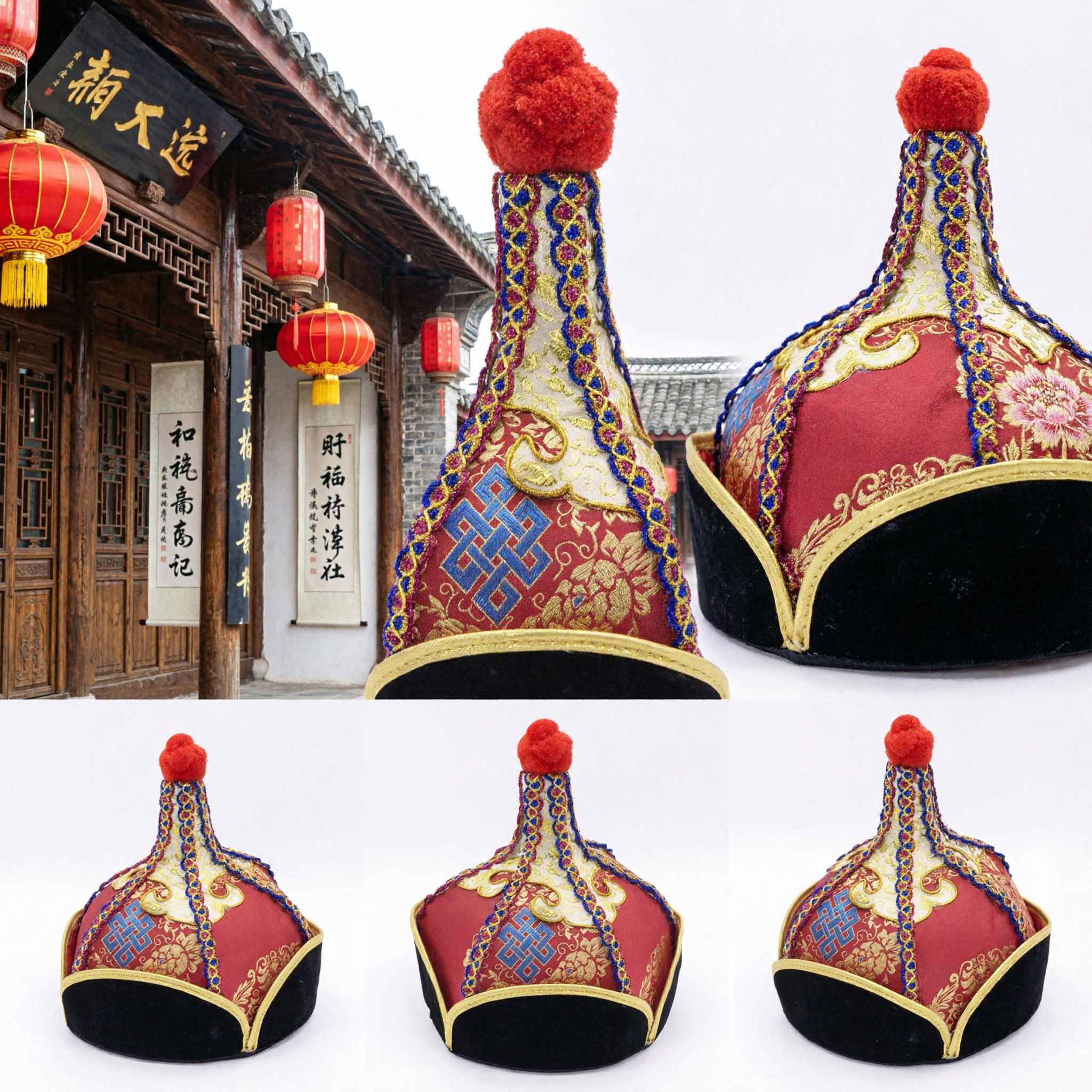 Traditional Mongolian Red Hat with Gold Embroidery and Pom Pom for Ethnic Folk Dance Performance
