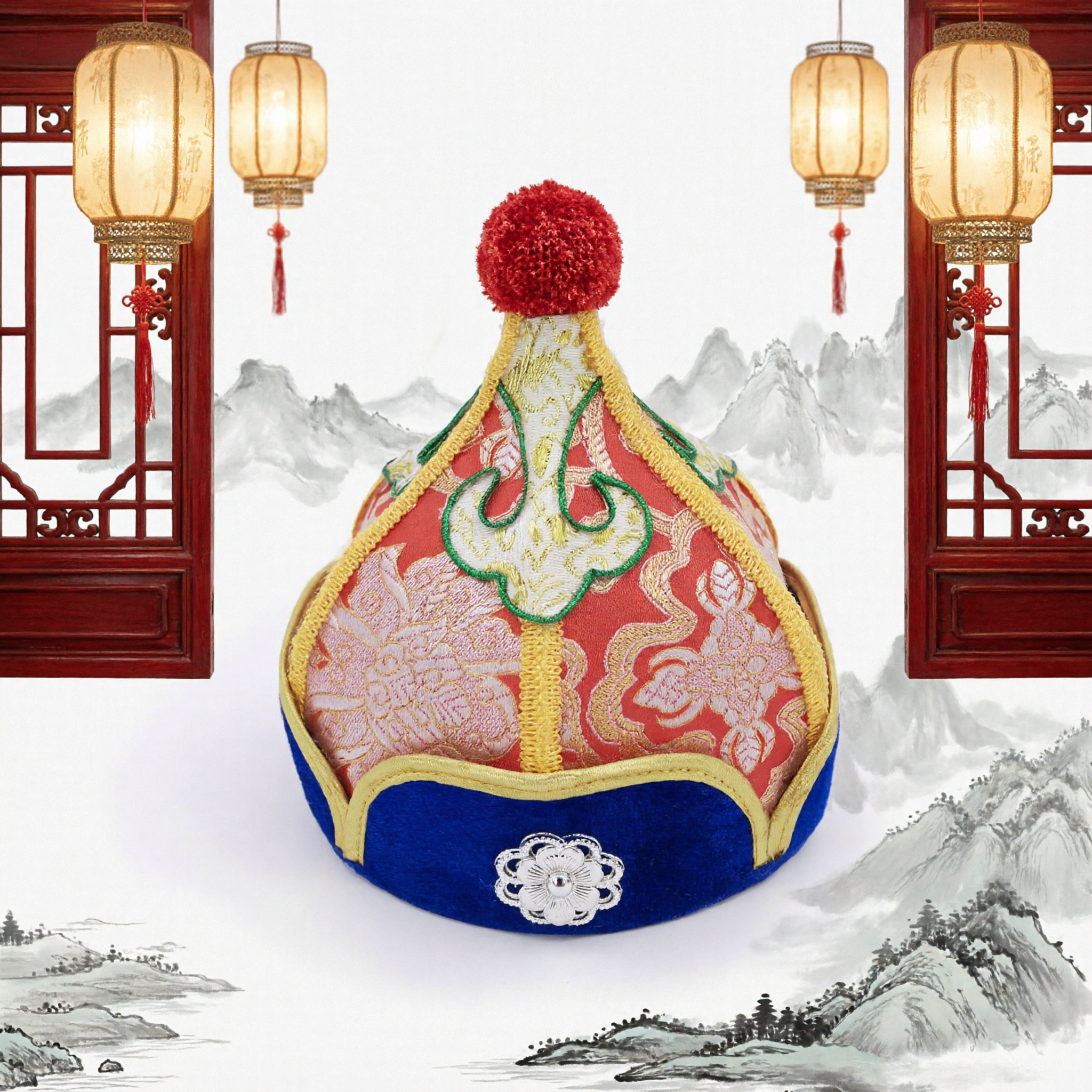 Traditional Chinese Mongolian Ethnic Minority Hat Red Brocade Embroidery Headwear for Folk Dance and Festivals