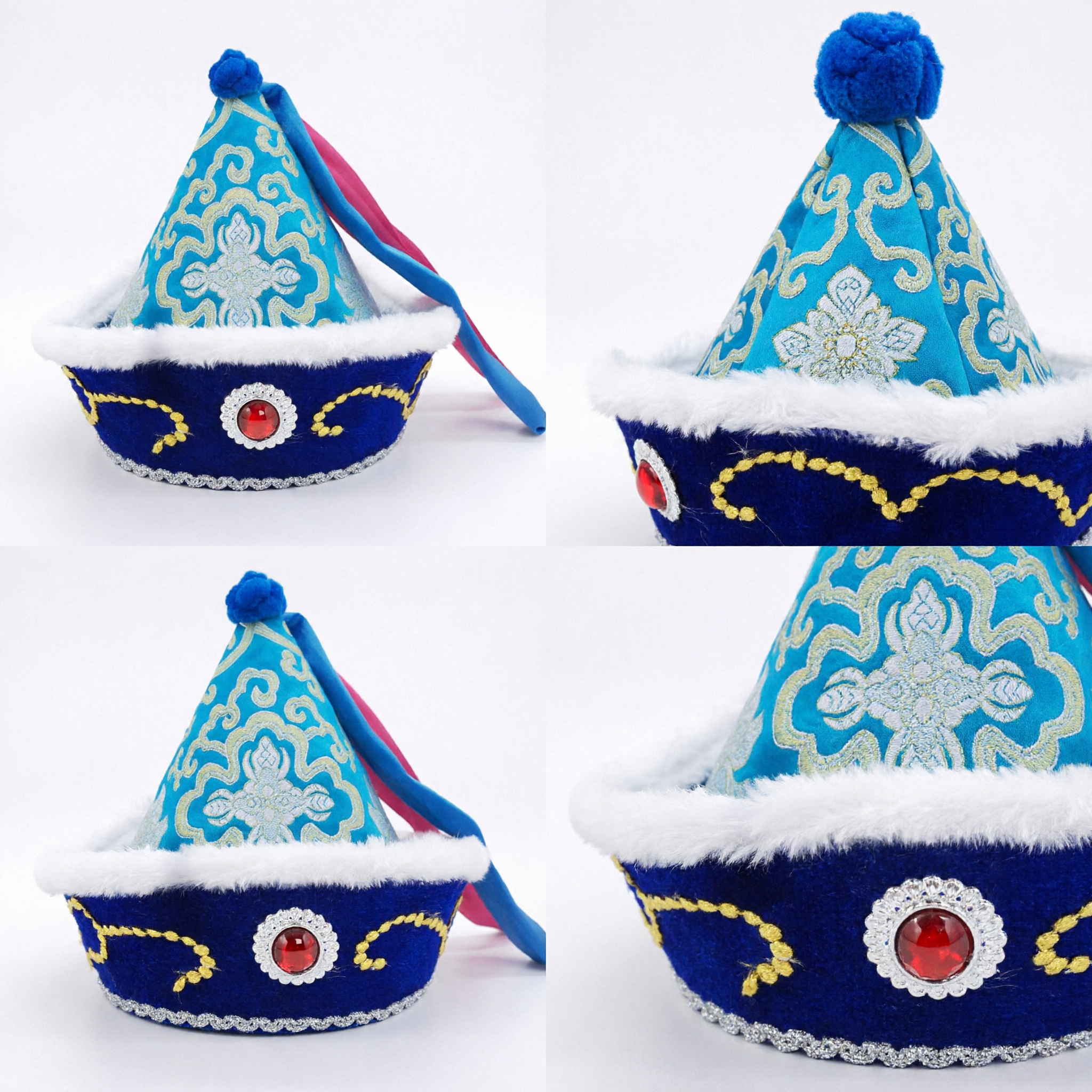 Traditional Chinese Mongolian Blue Embroidered Ethnic Hat with Fur Trim for Folk Dance Stage Performance