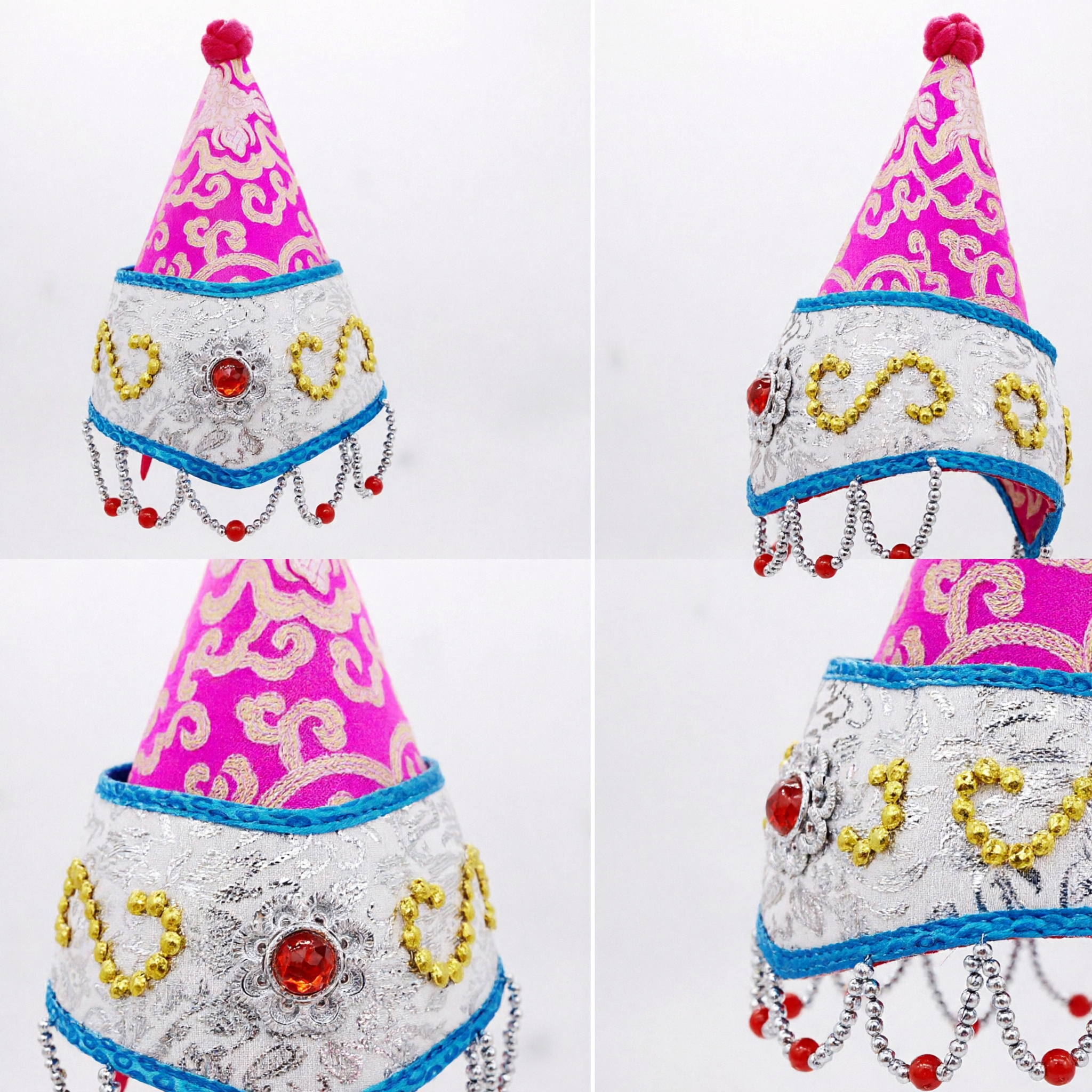 Traditional Chinese Folk Dance Hat Pink Cone Cap with Gold Embroidery and Beaded Tassels for Performance
