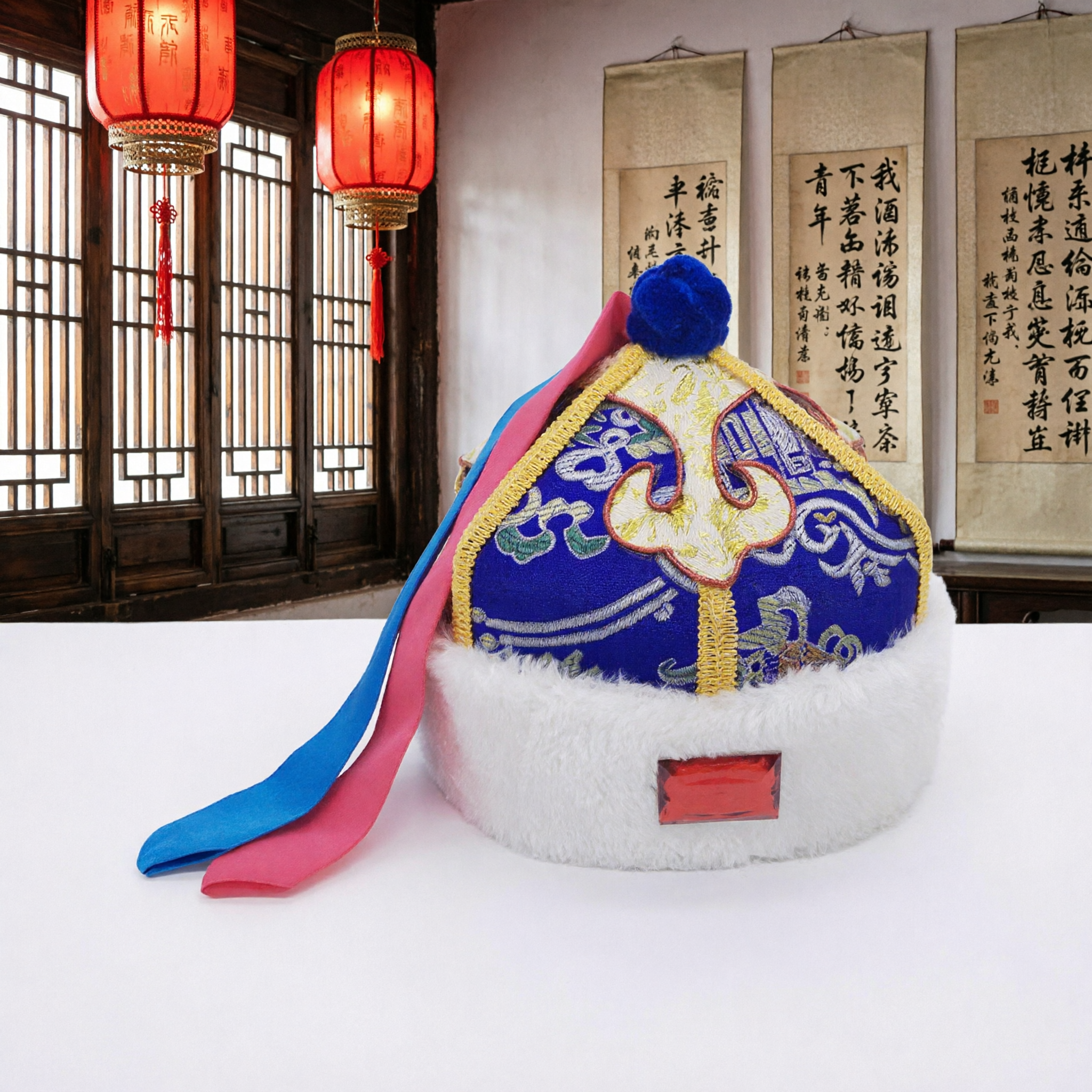 Traditional Mongolian Blue Hat with Gold Embroidery and White Fur Trim for Ethnic Folk Dance Performance