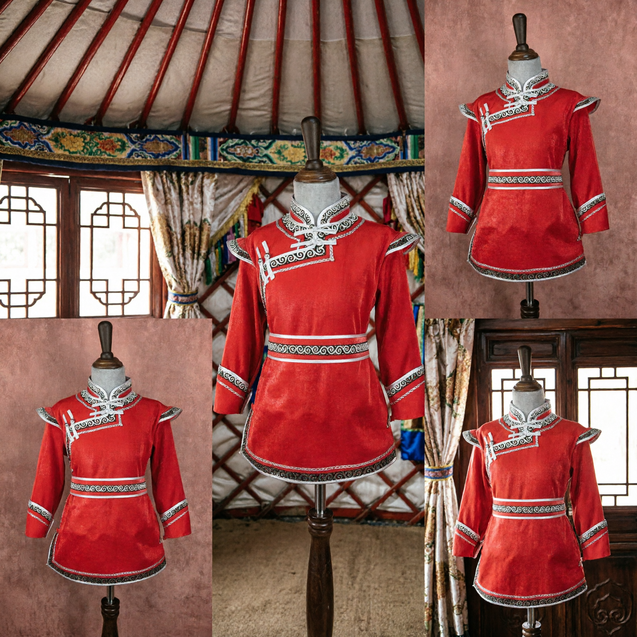 Traditional Red Mongolian Ethnic Costume Top with Silver Embroidery for Women Folk Dance Performance