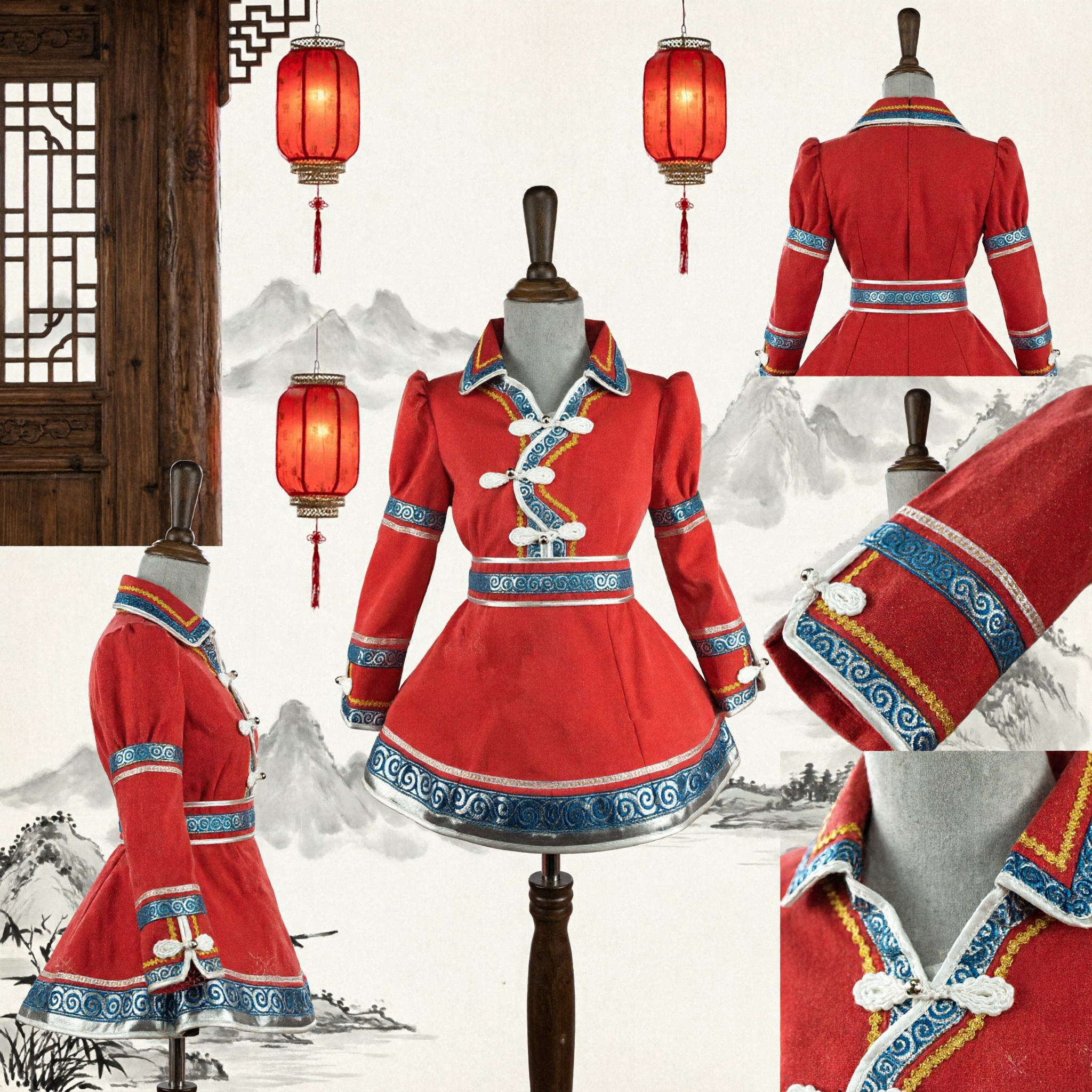 Traditional Chinese Mongolian Red Dance Costume Ethnic Folk Dress with Blue Embroidery for Women Stage Performance