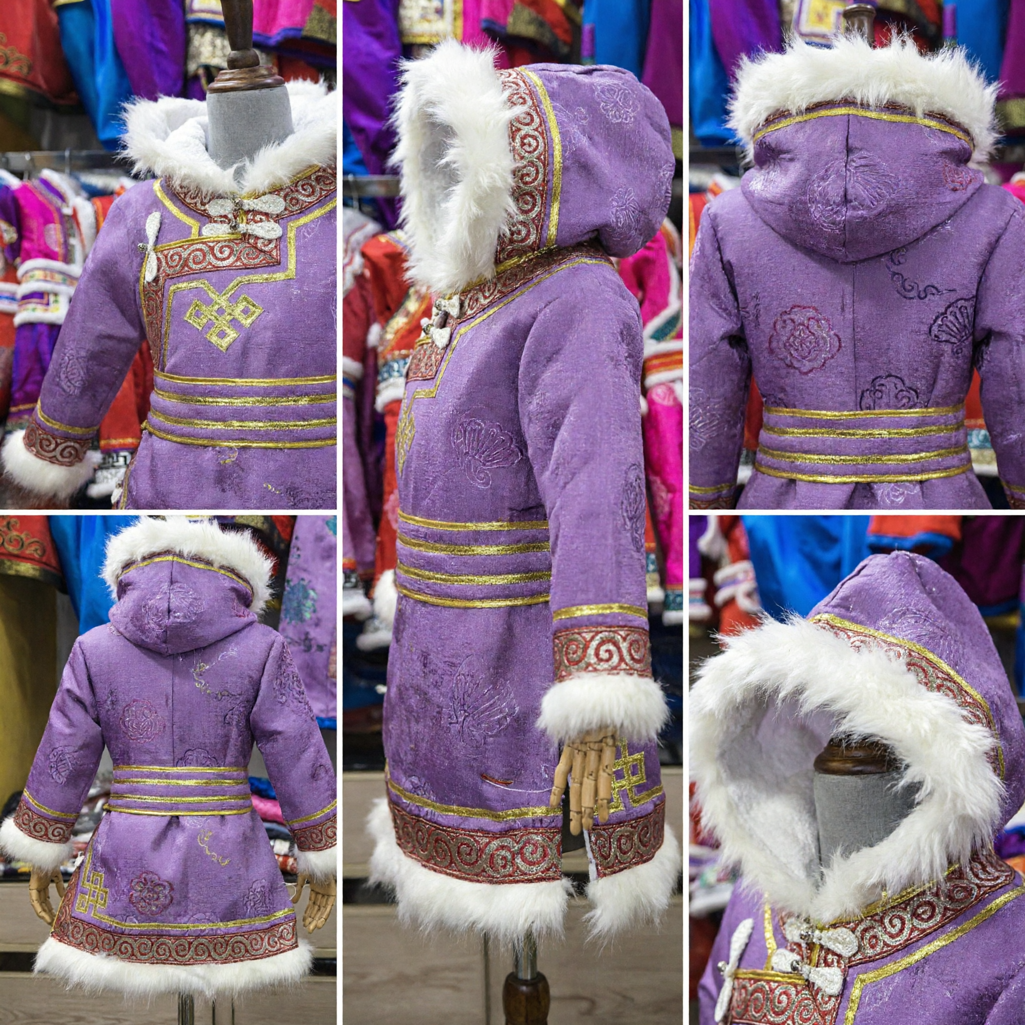 Traditional Mongolian Purple Hooded Robe Costume with White Fur Trim and Gold Embroidery for Cultural Performance