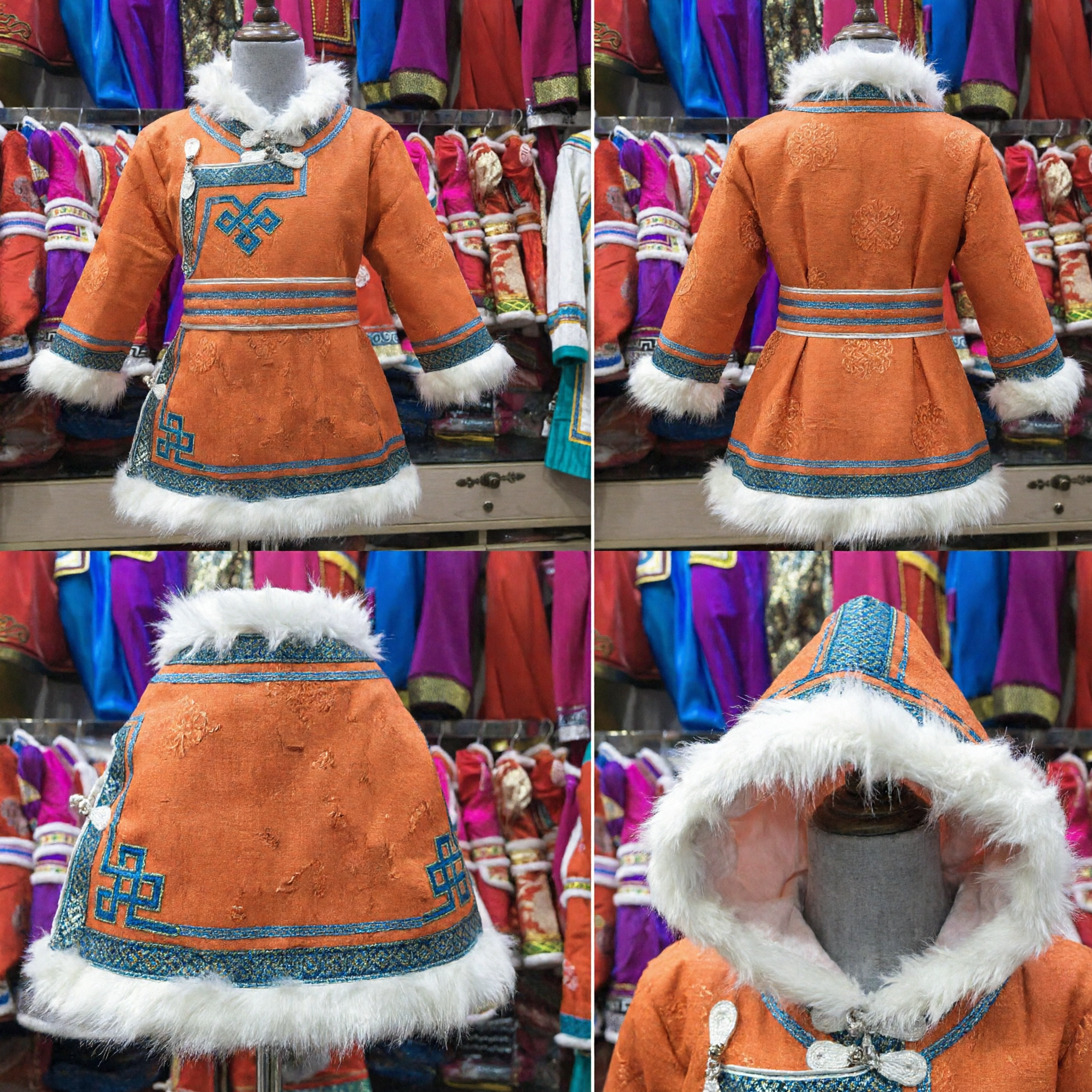 Traditional Orange Mongolian Robe with White Fur Hood and Embroidery Winter Ethnic Costume for Kids
