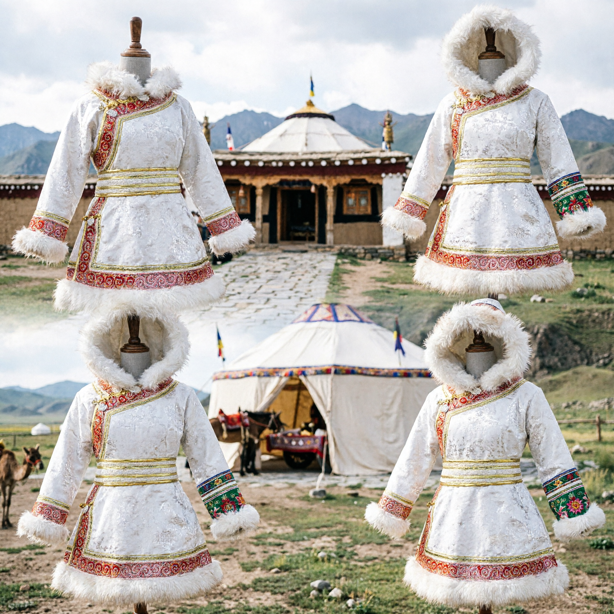 Traditional Mongolian White Hooded Robe with Fur Trim Ethnic Costume for Women Winter Festival Stage Wear