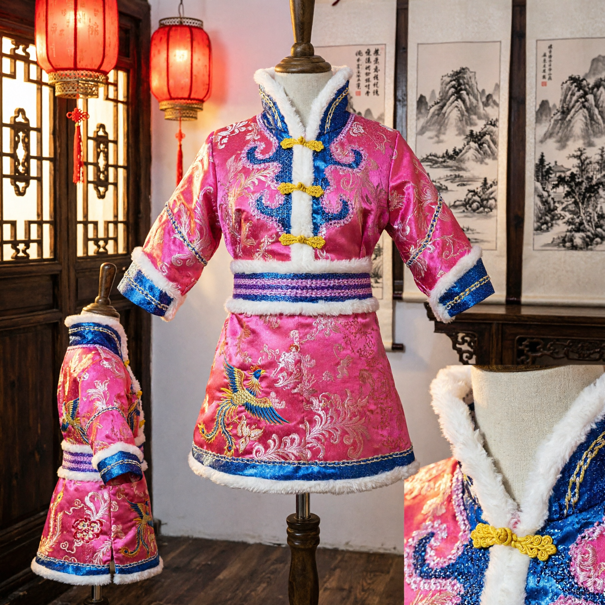 Traditional Chinese Mongolian Folk Dance Costume Pink Brocade Dress with Fur Trim for Girls Stage Performance