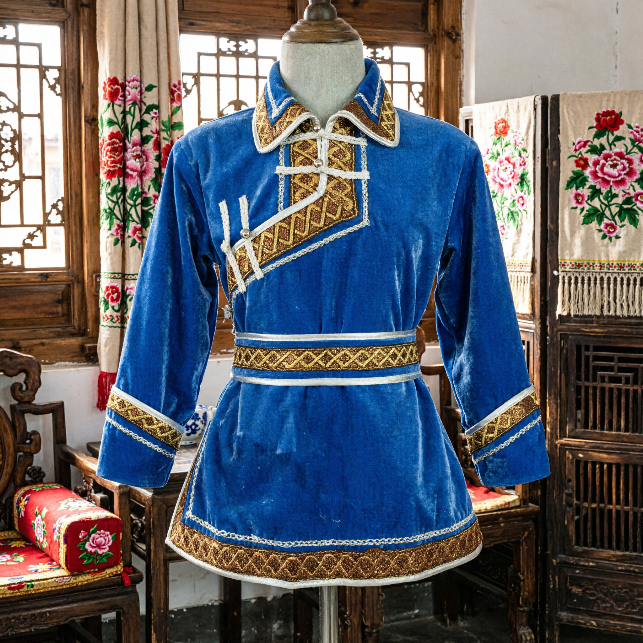 Royal Blue Traditional Mongolian Costume for Kids Ethnic Dance Performance Robe with Gold Embroidery Trim
