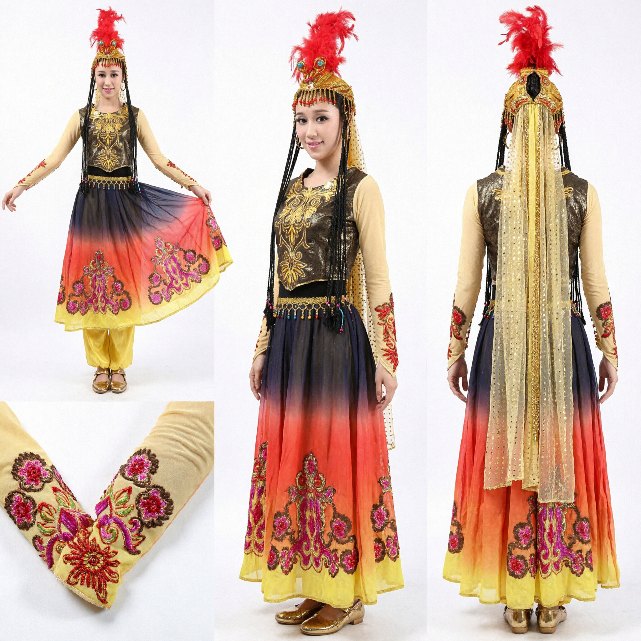 Women's Chinese Traditional Xinjiang Folk Dance Costume Ethnic Stage Performance Dress with Headdress