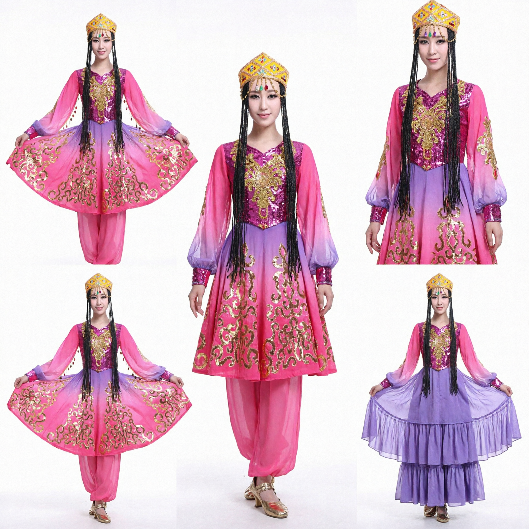 Traditional Chinese Uyghur Dance Costume Pink and Purple Gradient Dress with Gold Embroidery for Stage Performance
