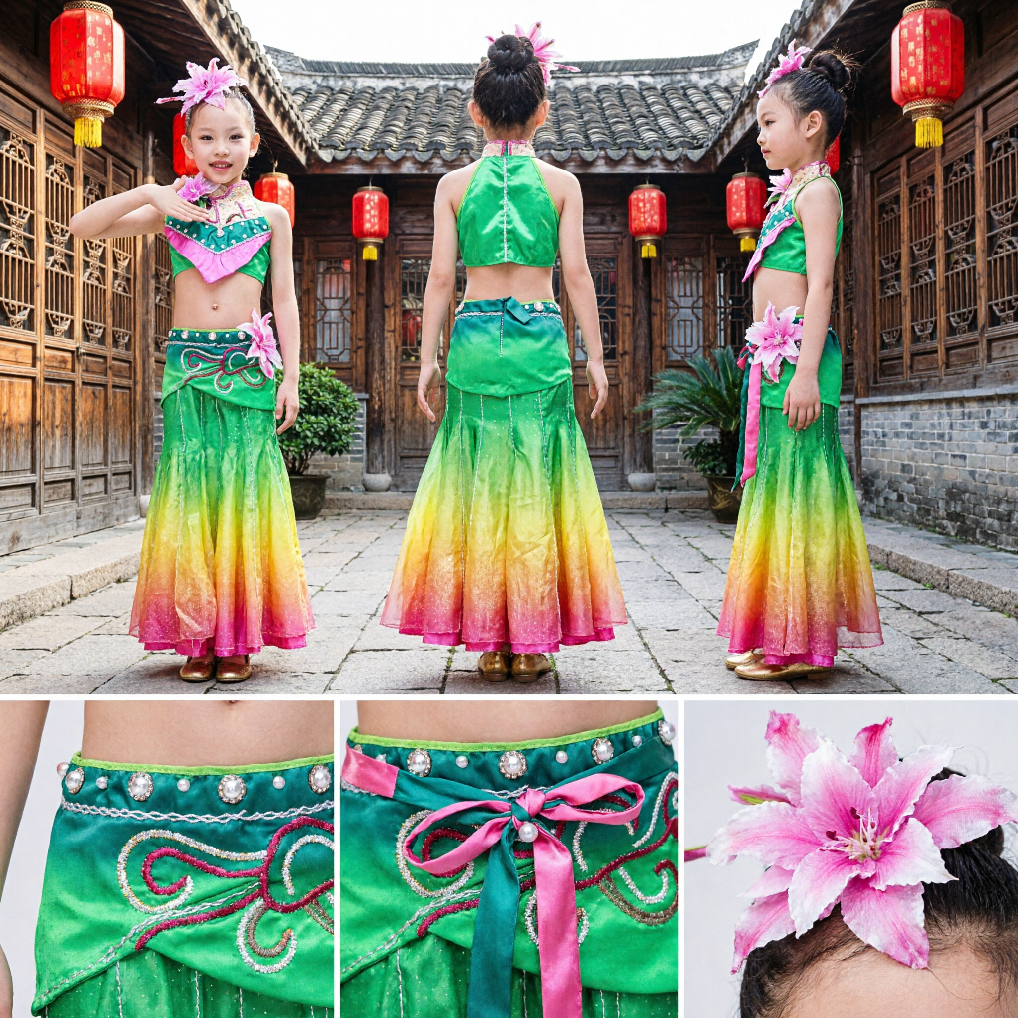 Kids Dai Ethnic Peacock Dance Costume Traditional Chinese Folk Stage Performance Dress for Girls