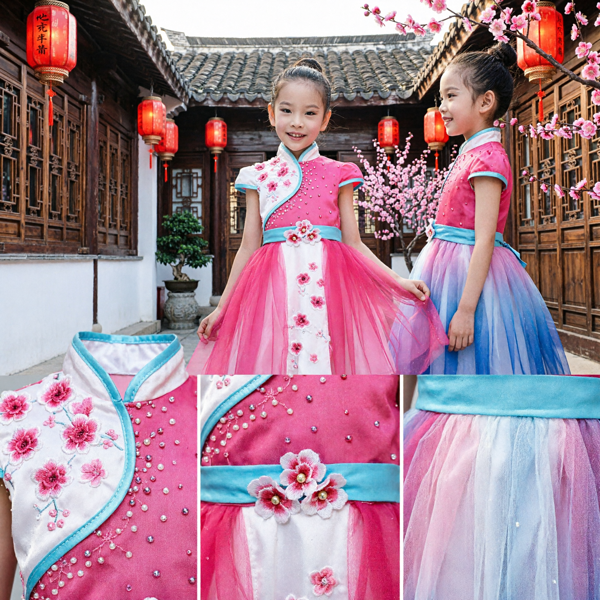 Pink Chinese Dance Costume for Girls Kids Cheongsam Ballet Tutu Dress Stage Performance Folk Dance Outfit