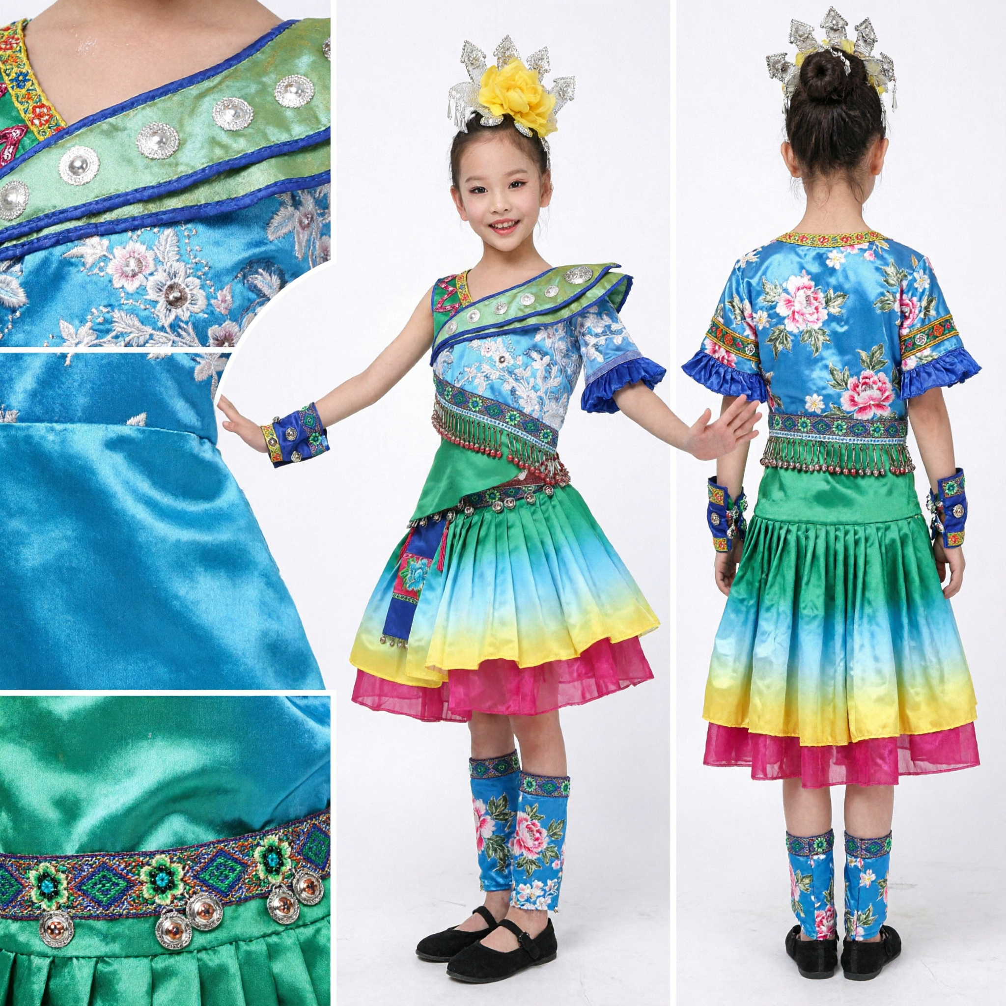 Chinese Traditional Ethnic Dance Costume for Kids Girls Colorful Folk Stage Performance Dress