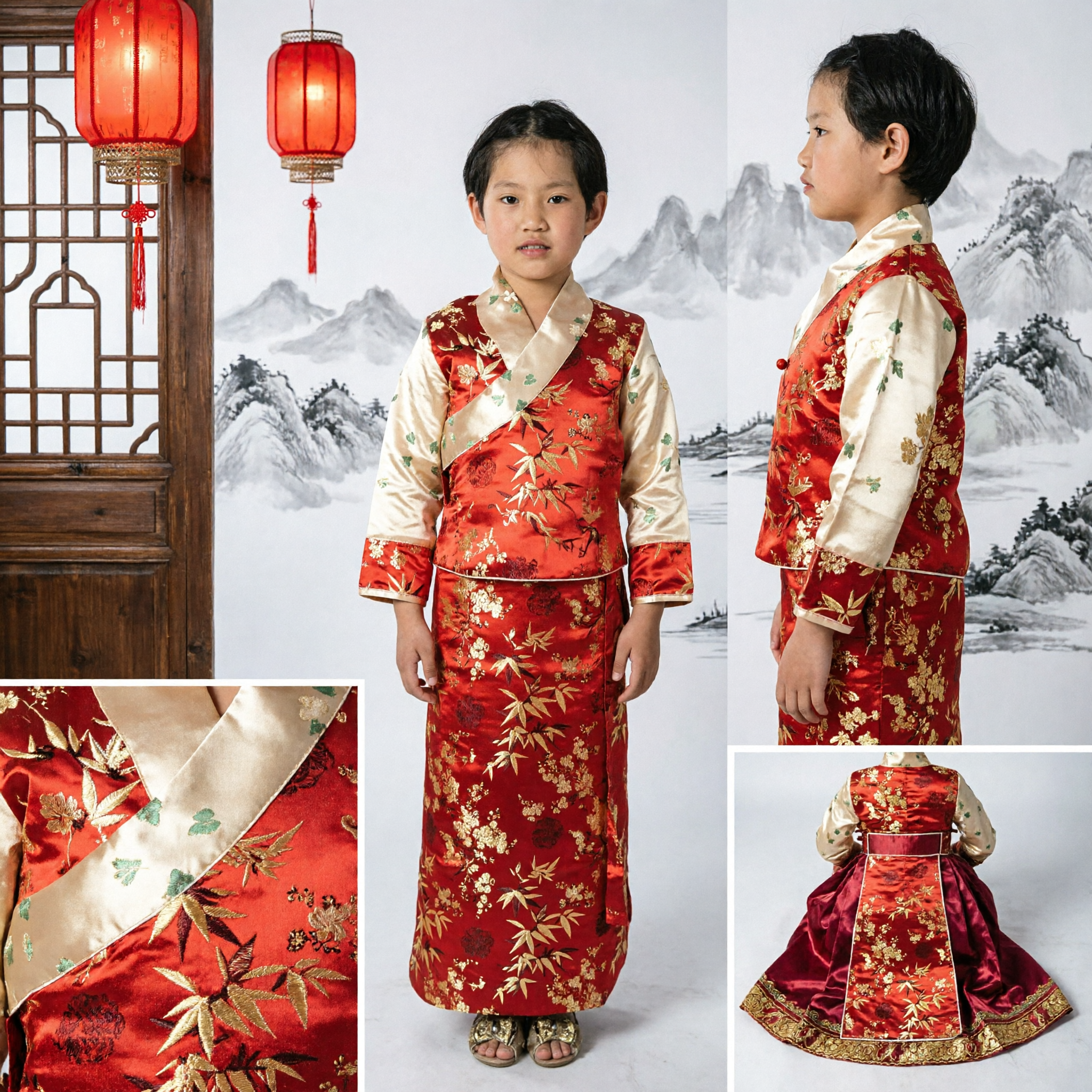 Traditional Chinese Hanfu Dress for Girls Red Gold Floral Brocade Tang Suit Kids Festival Costume