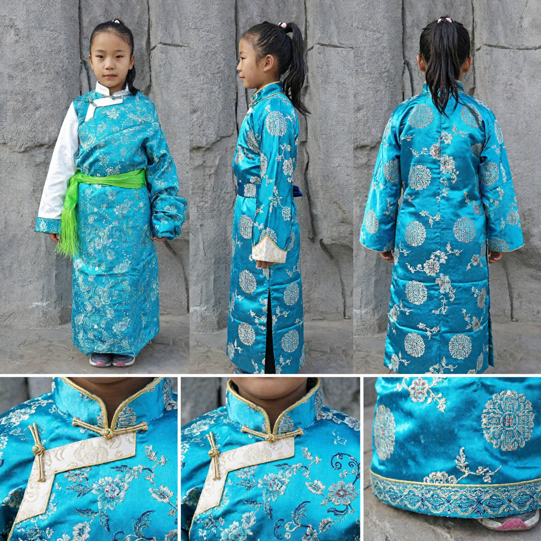 Chinese Traditional Tibetan Costume for Girls Blue Floral Chuba Robe Kids Folk Dance Dress