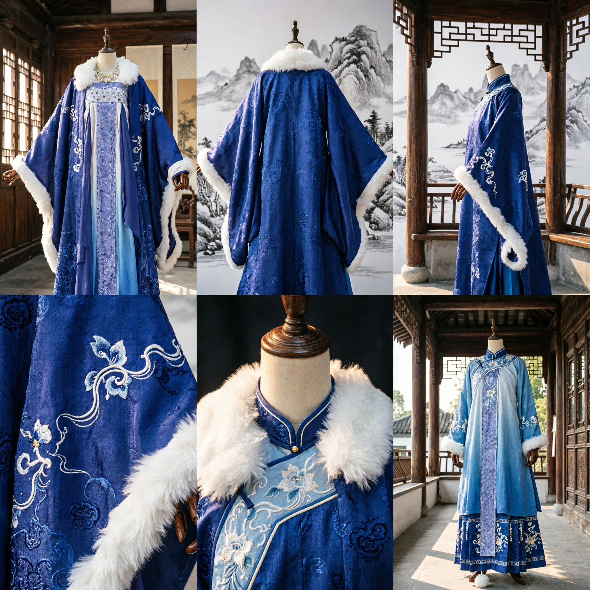 Royal Blue Traditional Chinese Hanfu Tang Dynasty Embroidered Robe with White Fur Collar for Cosplay