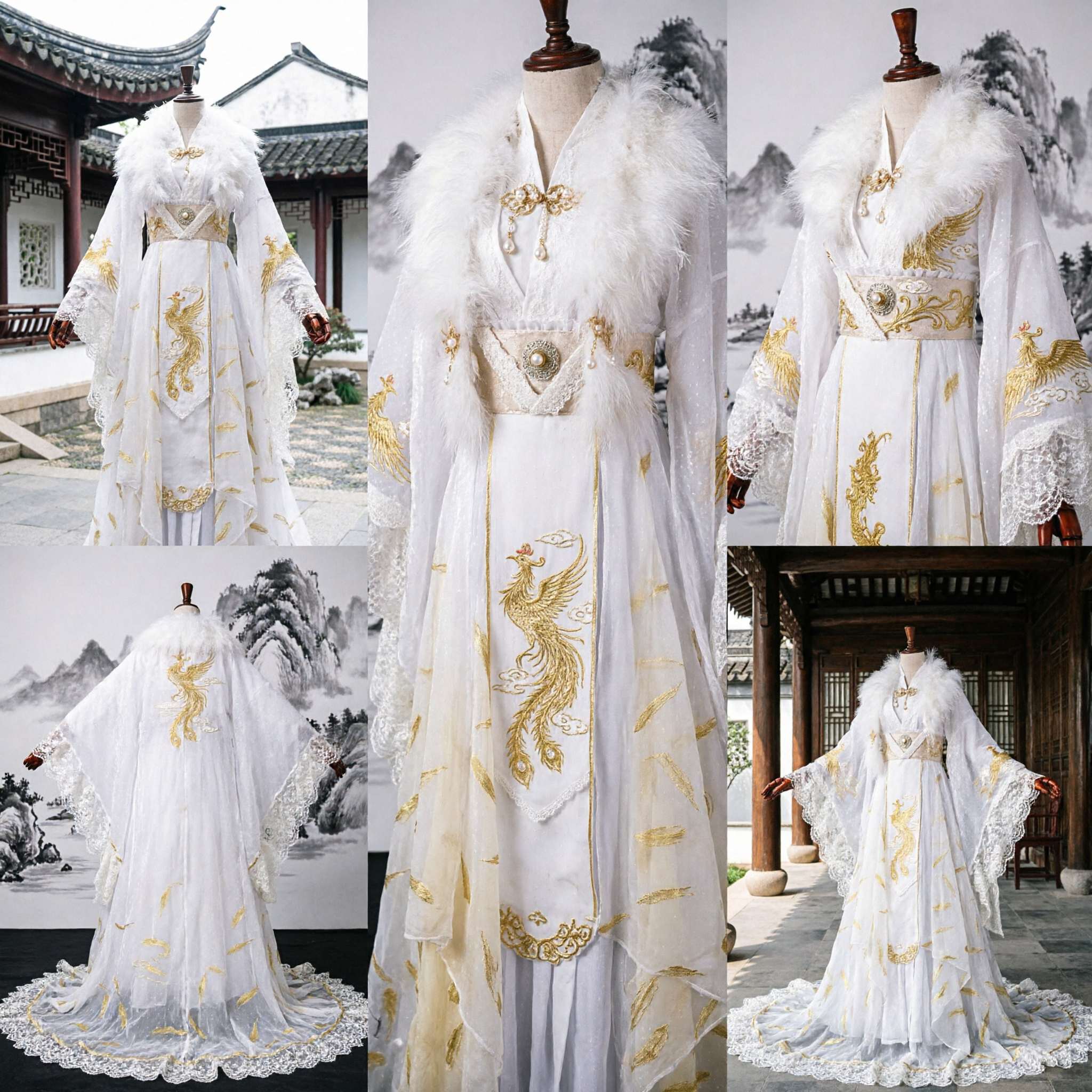 Traditional Chinese Hanfu Ancient Noble Swordsman Costume White Fur Trim Gold Embroidery Cosplay Outfit for Men