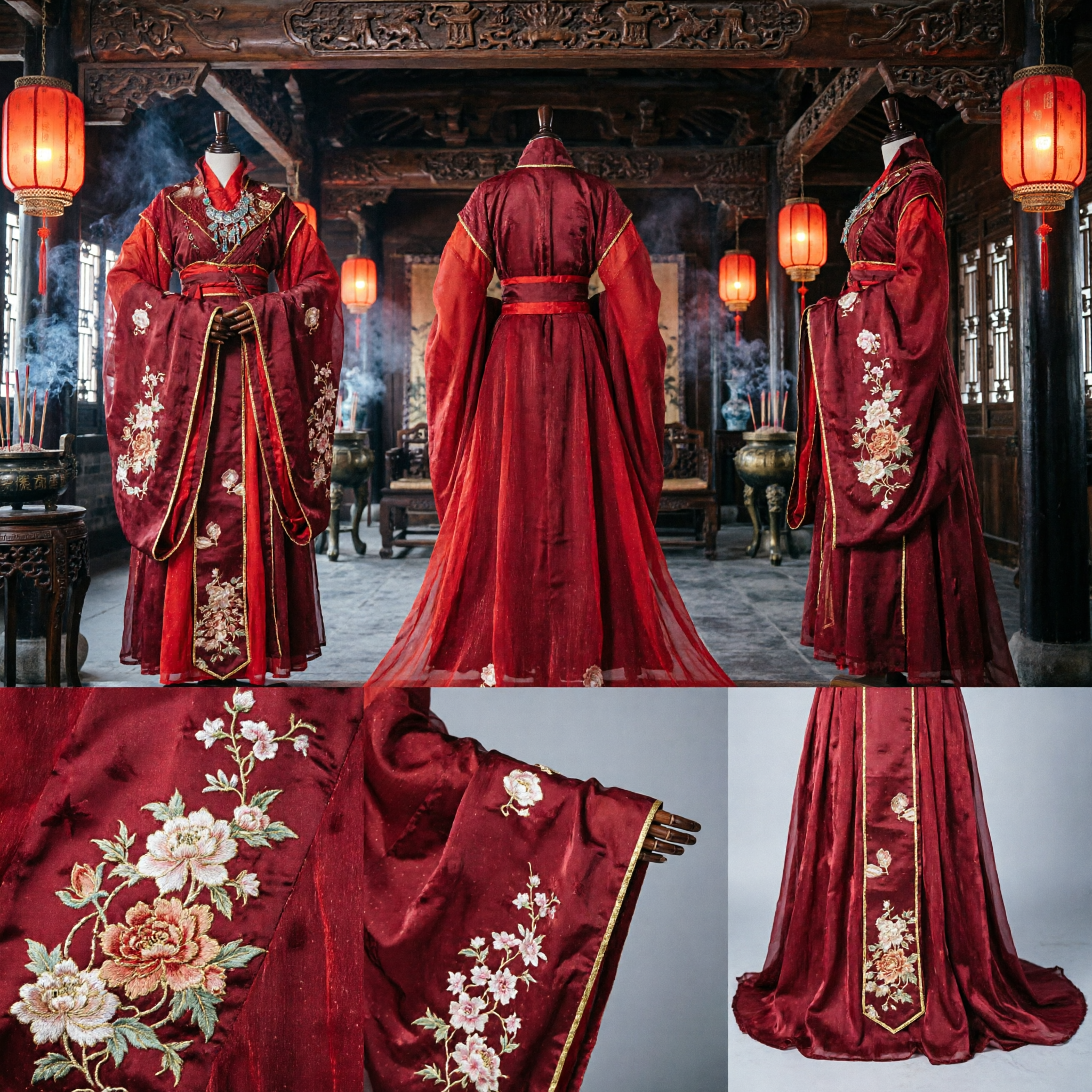 Traditional Red Ancient Chinese Empress Hanfu Wedding Costume for Women with Intricate Gold Embroidery and Long Train