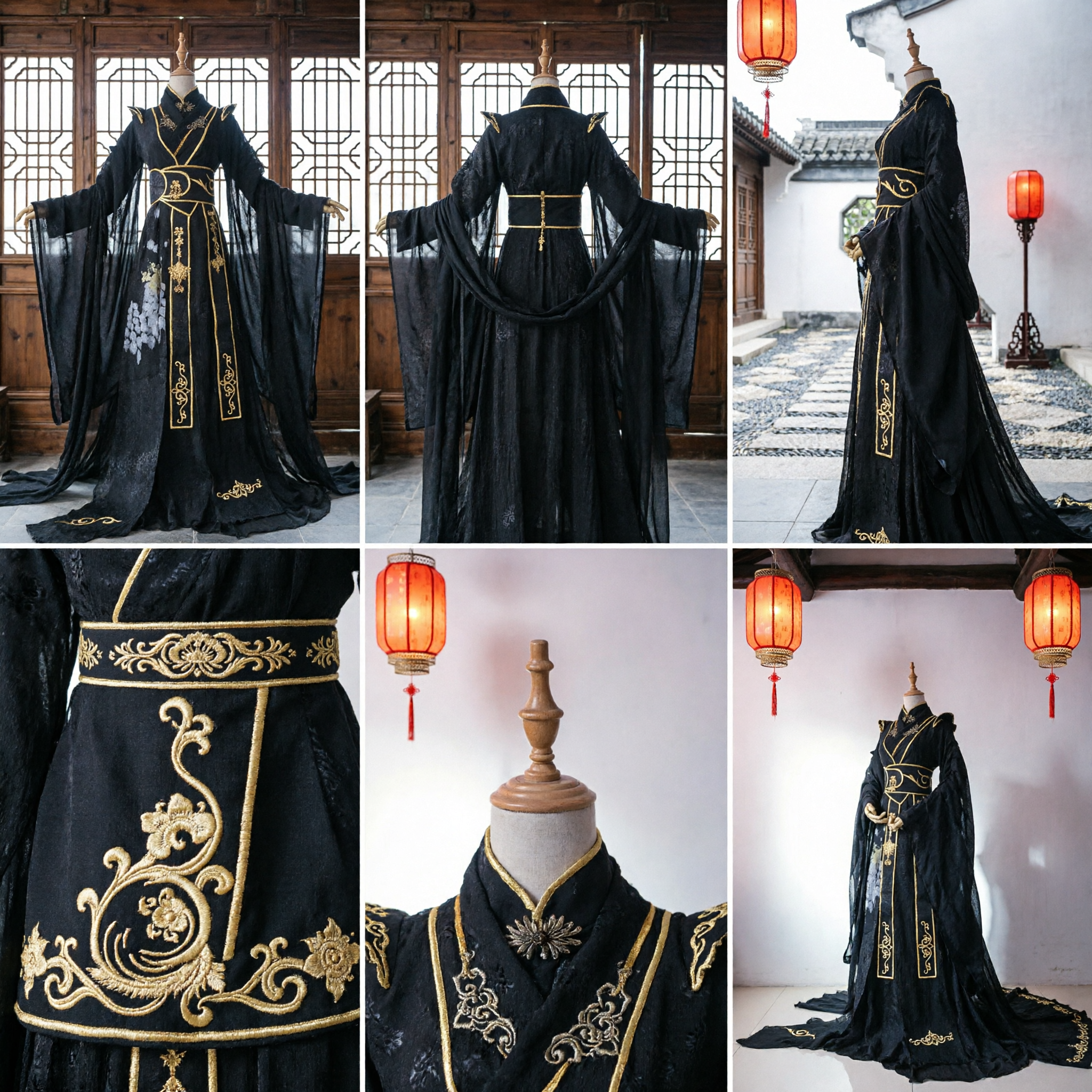 Black Chinese Traditional Hanfu Costume Ancient Fantasy Knight Robe with Gold Embroidery for Cosplay