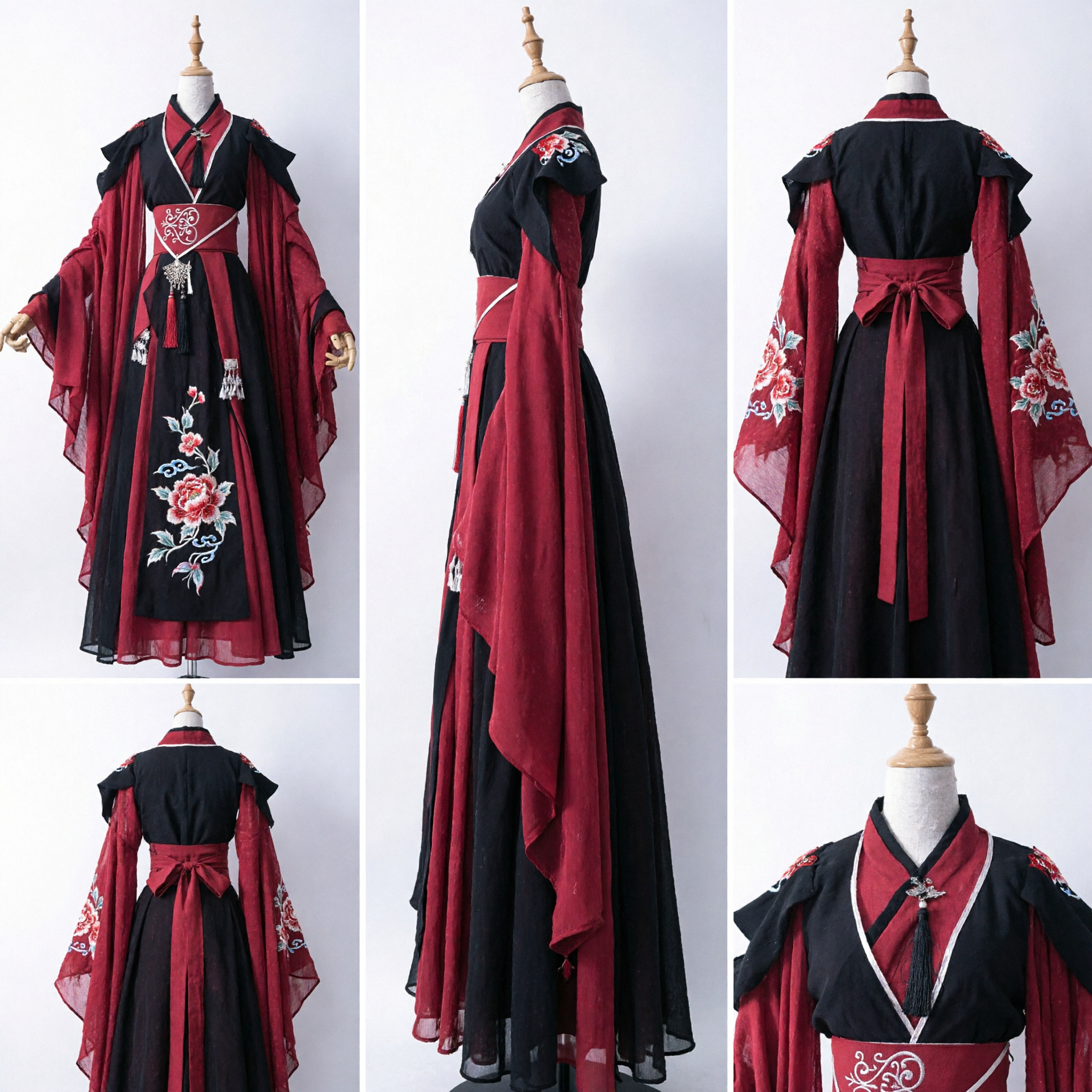 Ancient Chinese Wuxia Swordsman Hanfu Costume Red and Black Traditional Noblemen Robe for Men Cosplay