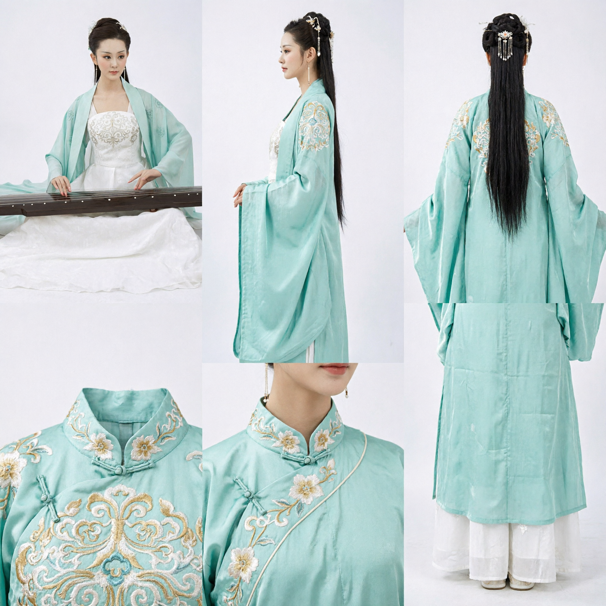 Traditional Chinese Hanfu Costume Ancient Green Robe and White Embroidered Dress for Women Historical Cosplay