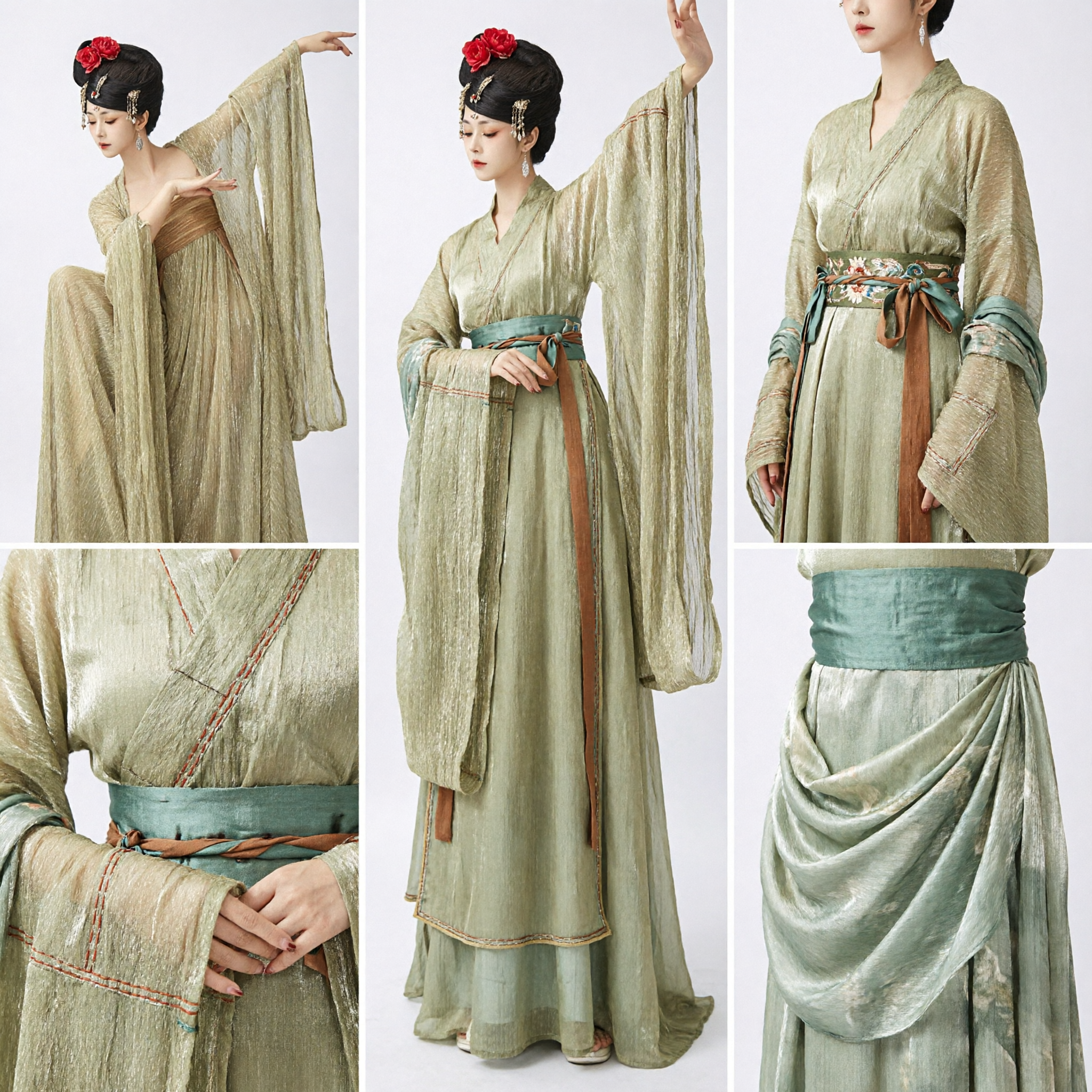 Ancient Chinese Tang Dynasty Hanfu Traditional Costume Gold Pleated Dress for Women Dance Performance