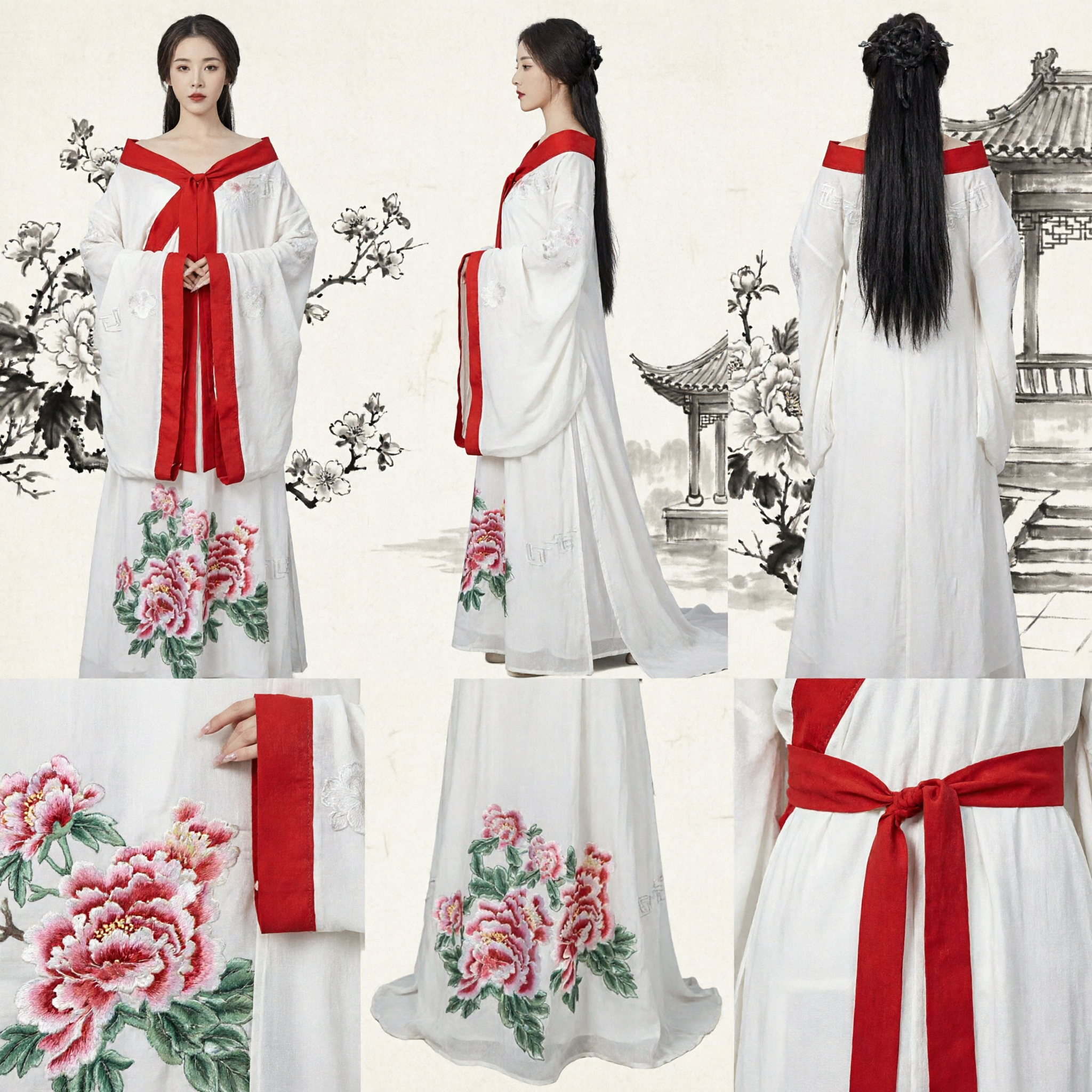 Chinese Traditional Hanfu Ancient Costume White Tang Dynasty Dress with Red Sash Embroidered Skirt for Women Cosplay