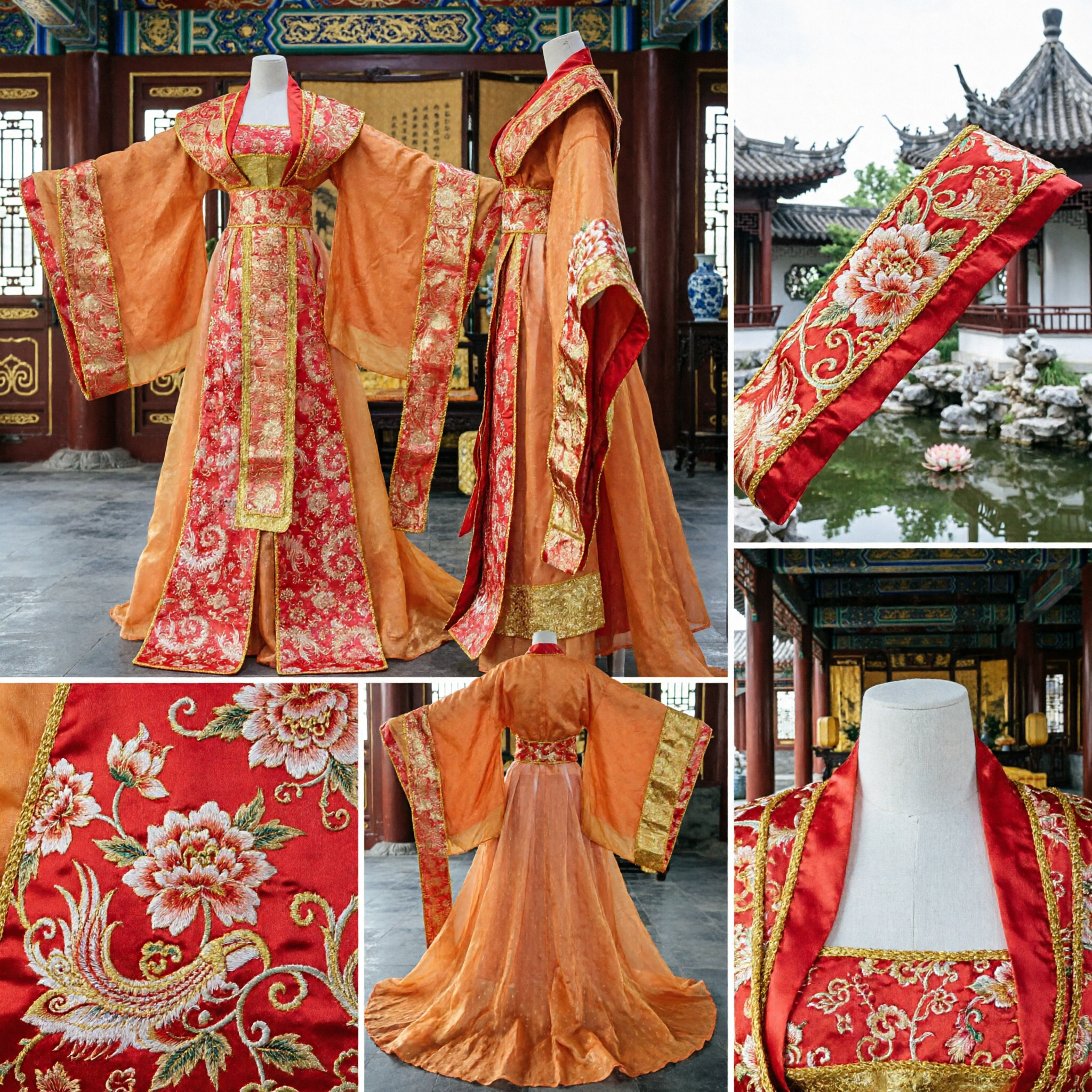 Traditional Chinese Tang Dynasty Palace Princess Costume Orange Red Silk Hanfu Dress for Women Stage Performance