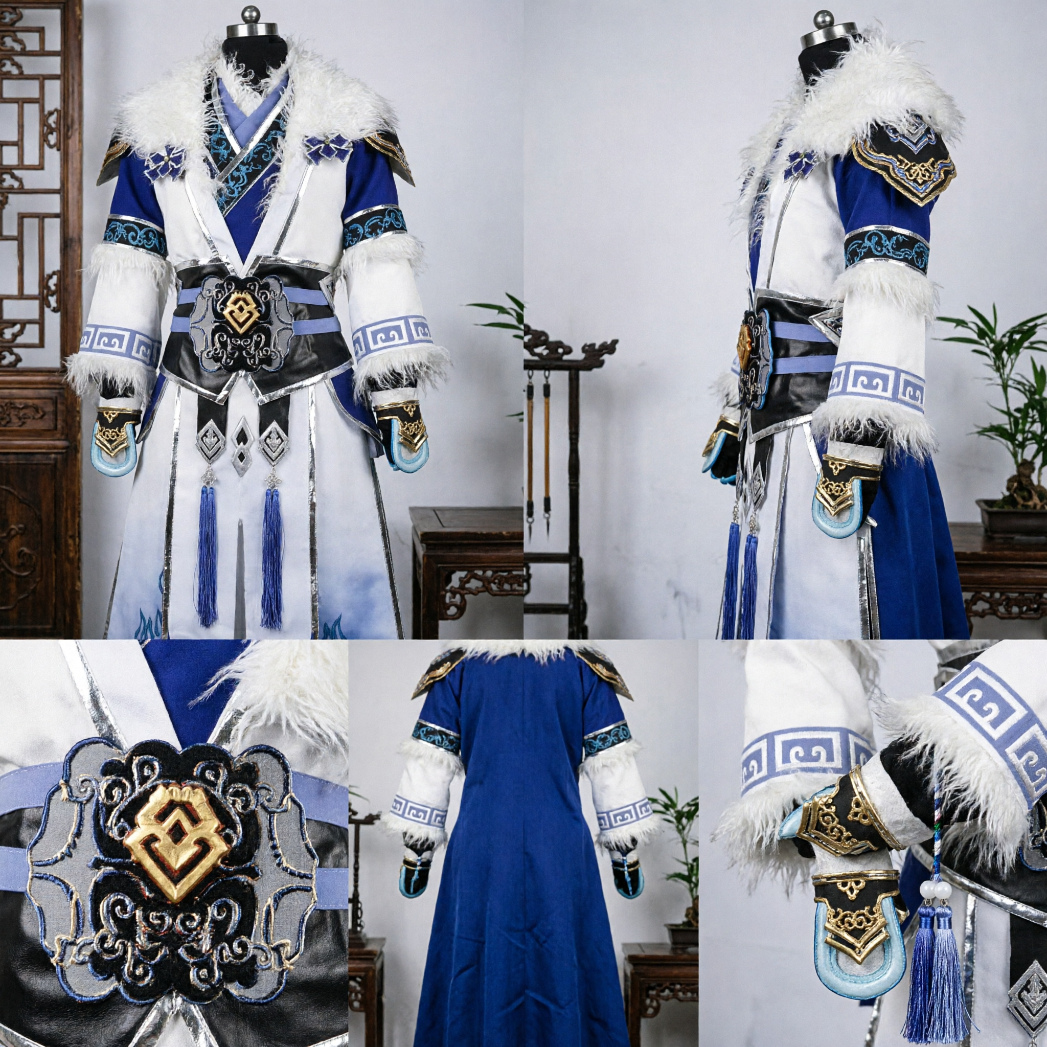 Ancient Chinese Wuxia Swordsman Hanfu Costume Blue White Embroidered Robe with Fur Trim for Men Cosplay