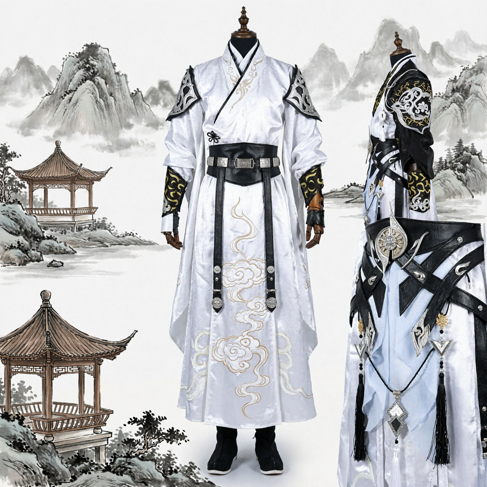 Men's Traditional Chinese Wuxia Cosplay Costume Ancient Swordsman White Robe Fantasy Knight Stage Outfit