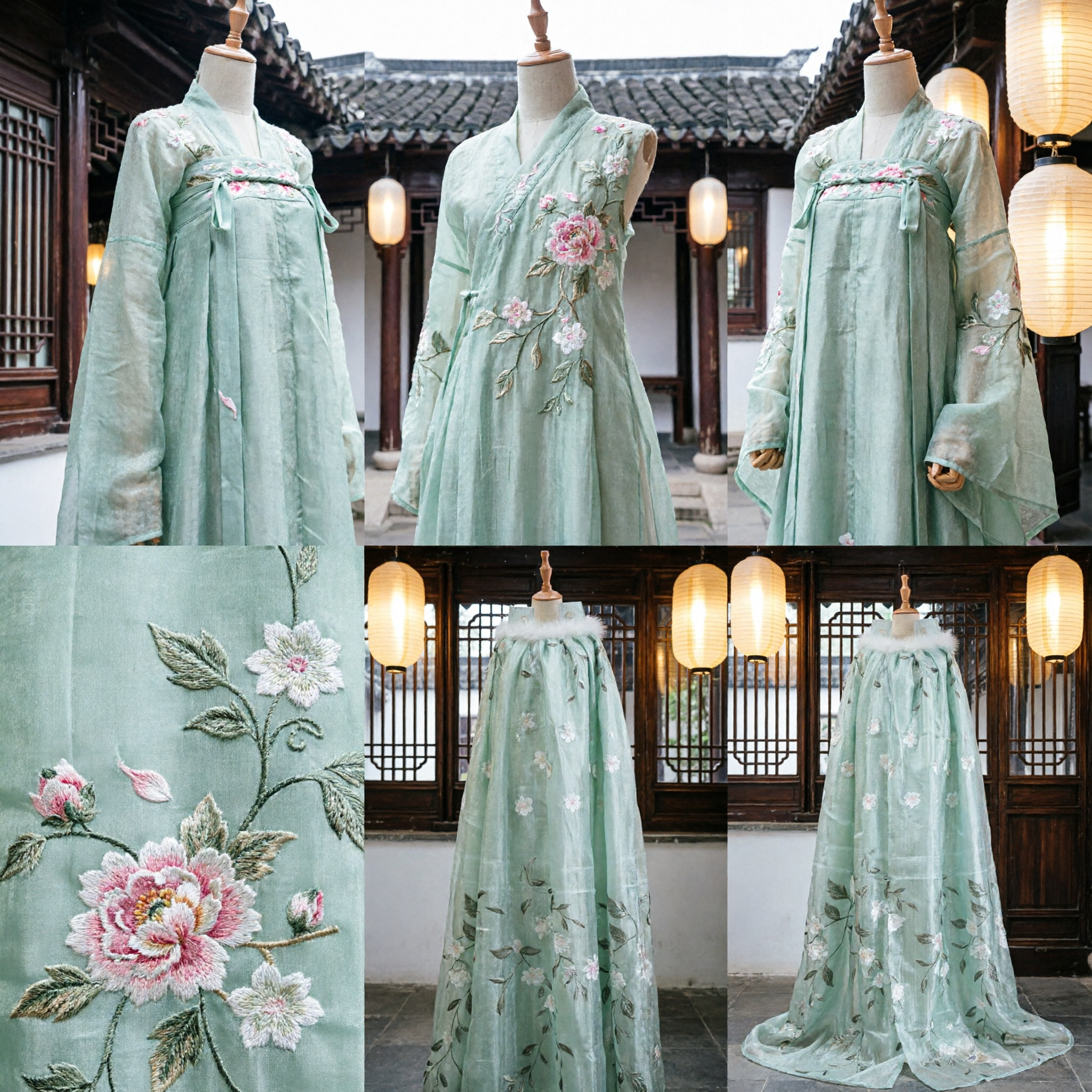 Elegant Traditional Chinese Hanfu Mint Green Cloak with White Fur Collar and Floral Embroidery for Women