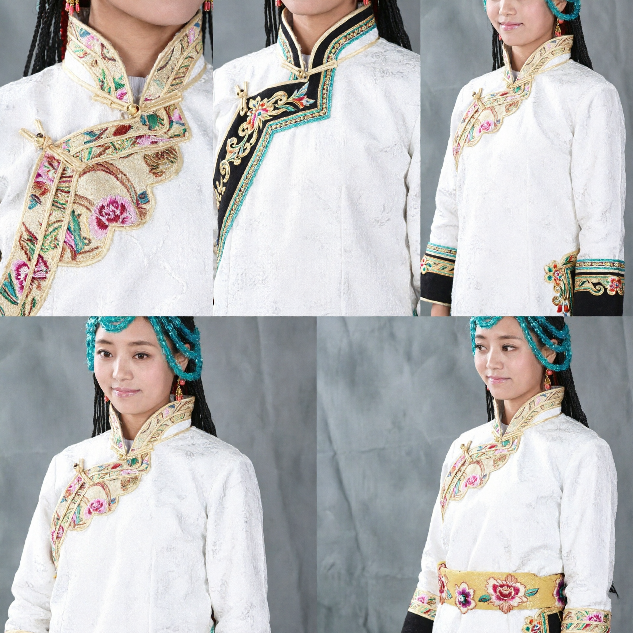 Chinese Traditional Tibetan Ethnic Minority Costume Women's White Embroidered Robe with Turquoise Beaded Headwear for Dance