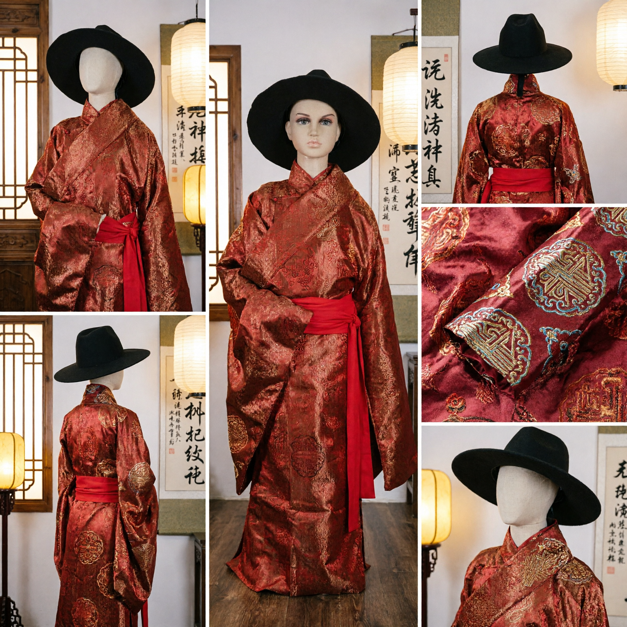 Men's Traditional Chinese Red Brocade Hanfu Robe Costume Set with Black Hat for Wuxia Cosplay