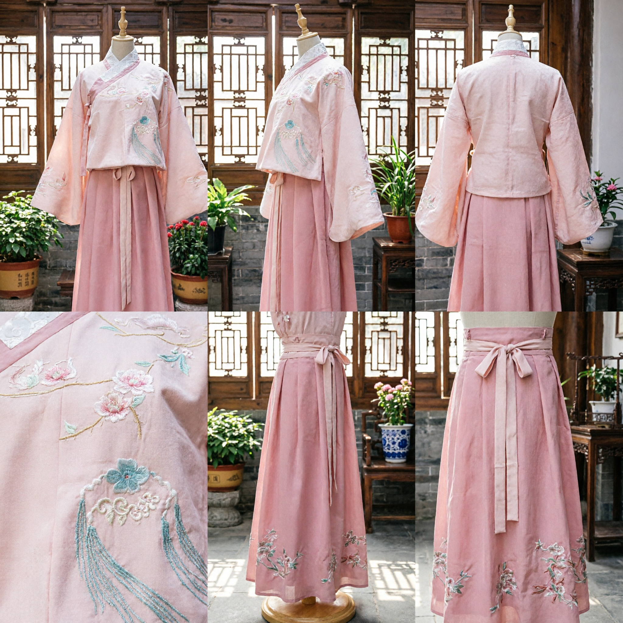 Pink Traditional Chinese Hanfu Embroidered Crane Top and Long Skirt Set for Women Ancient Costume