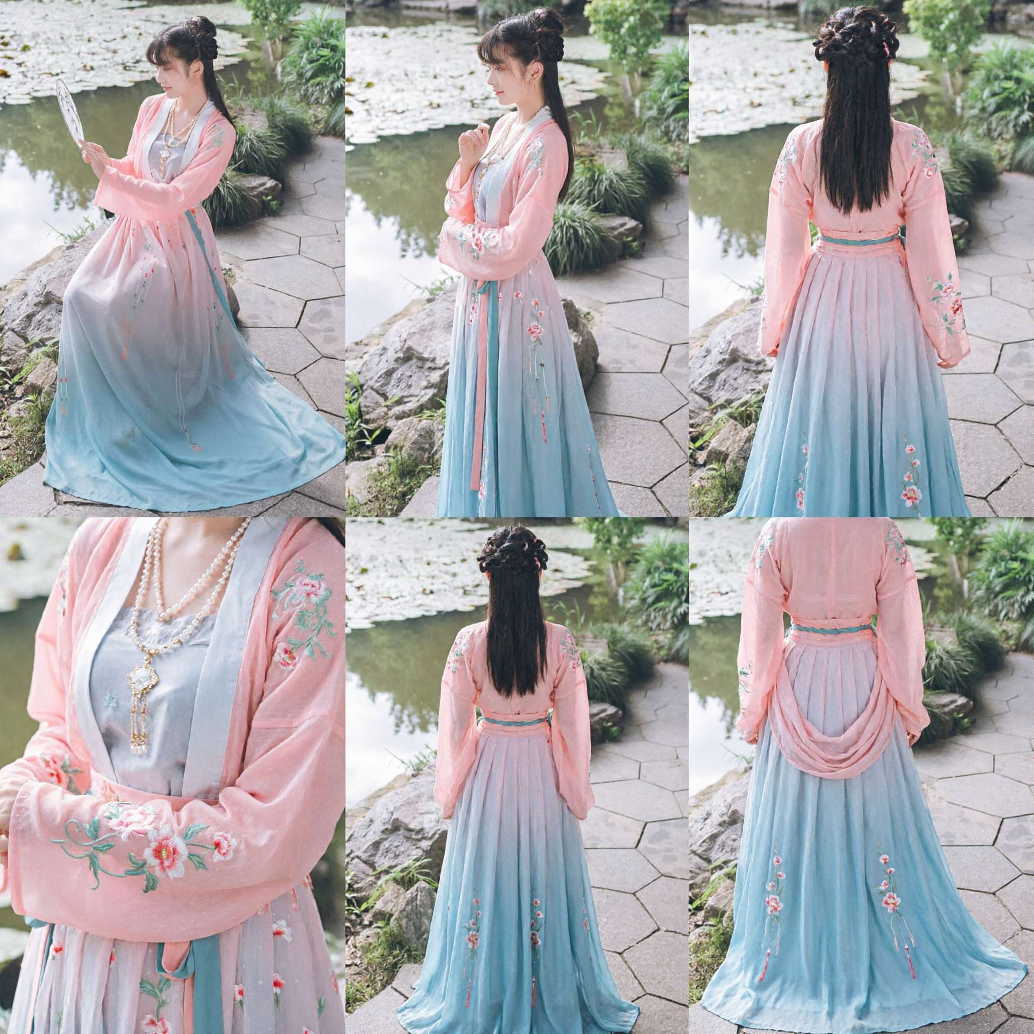 Women's Ancient Chinese Hanfu Pink and Blue Gradient Dress Traditional Tang Dynasty Costume for Photography and Events