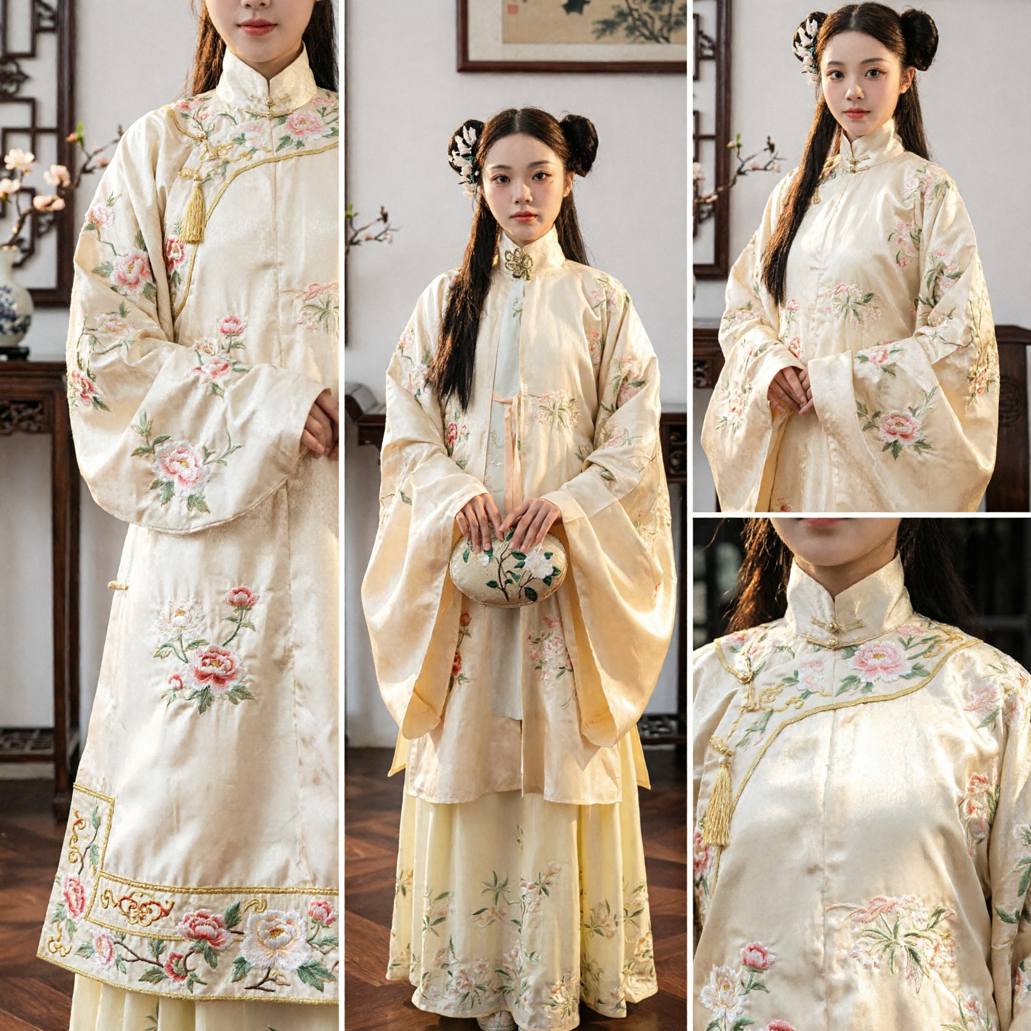 Traditional Chinese Hanfu Costume for Women Ming Dynasty Cream Embroidered Standing Collar Top and Skirt Ancient Dress