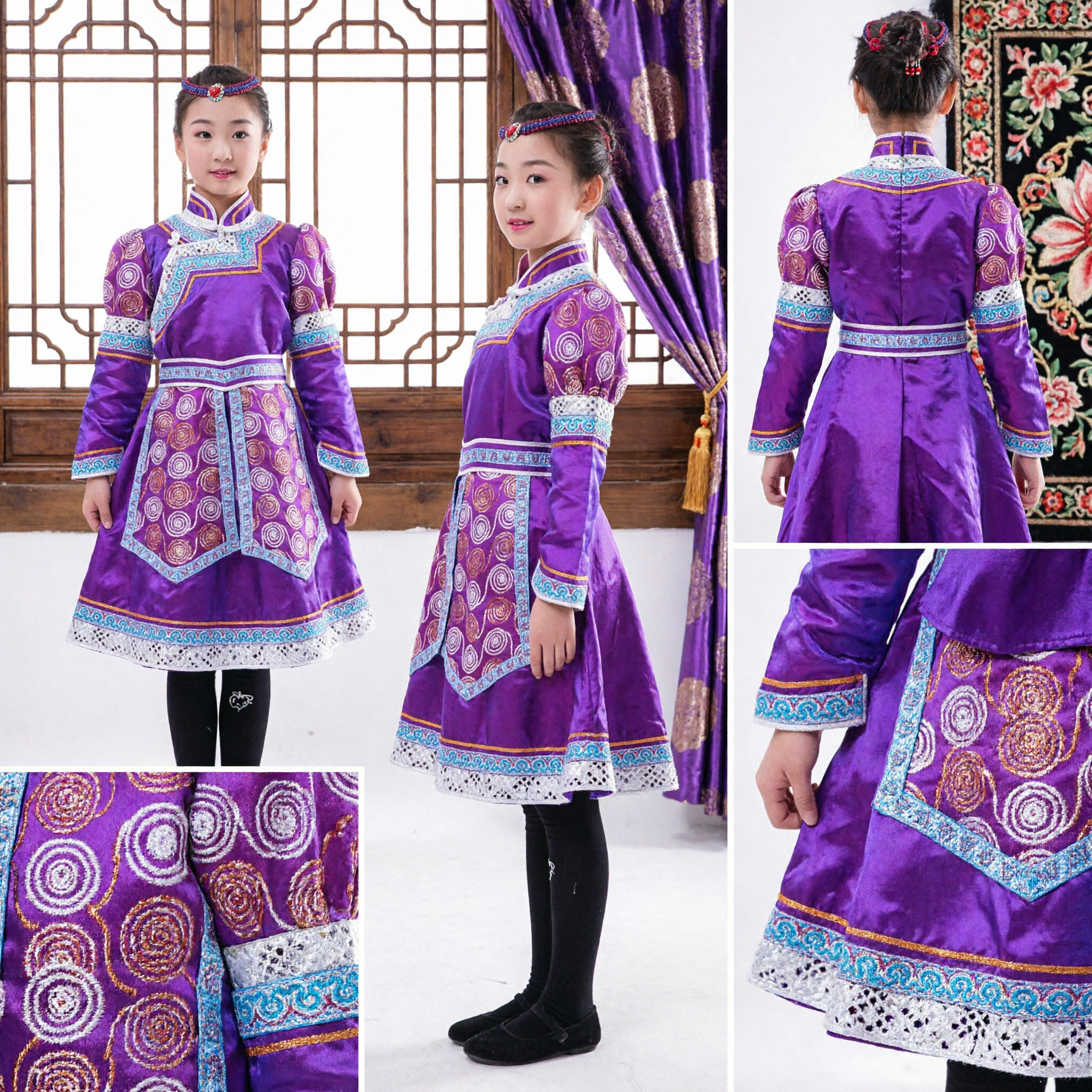Traditional Chinese Mongolian Dance Costume Purple Ethnic Minority Folk Dress for Girls Performance Stage Wear