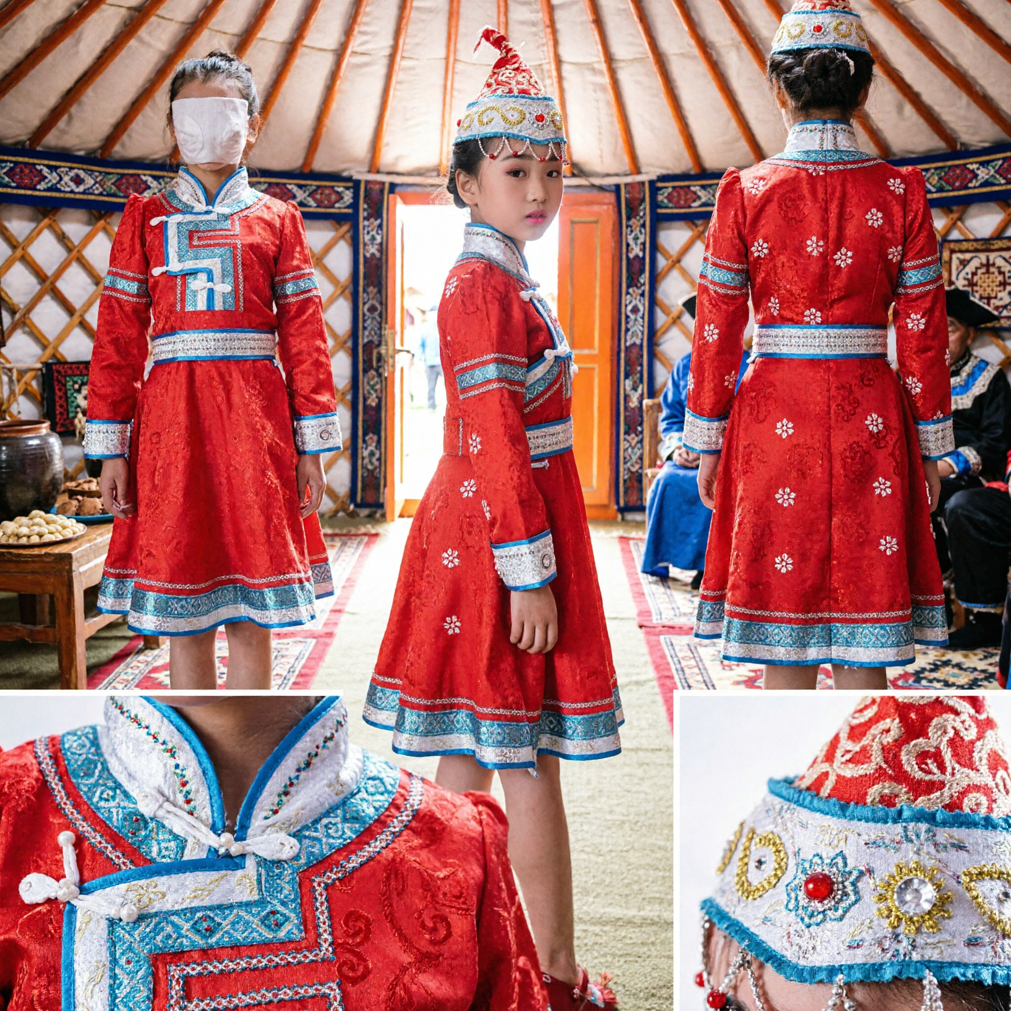 Kids Mongolian Ethnic Red Dress Traditional Costume Girl Dance Performance Outfit with Embroidered Hat