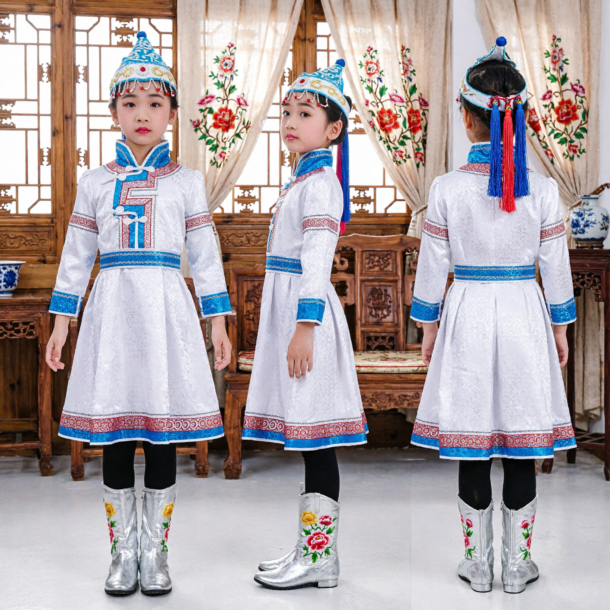 Kids Traditional Mongolian Dance Costume Girls White Folk Performance Dress with Blue Embroidery and Hat