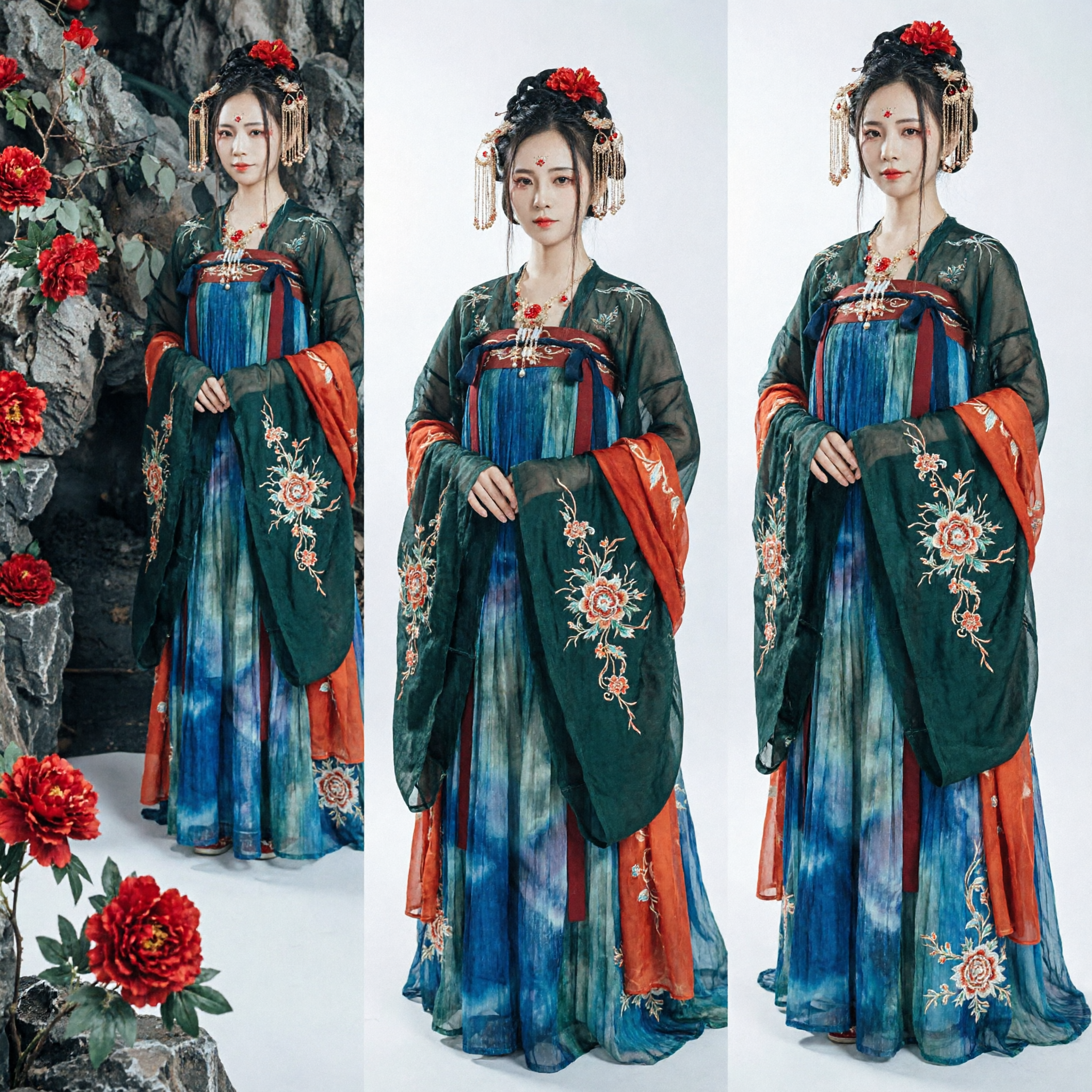 Elegant Blue Gradient Hanfu Traditional Chinese Ancient Costume with Red Robe for Women Princess Cosplay