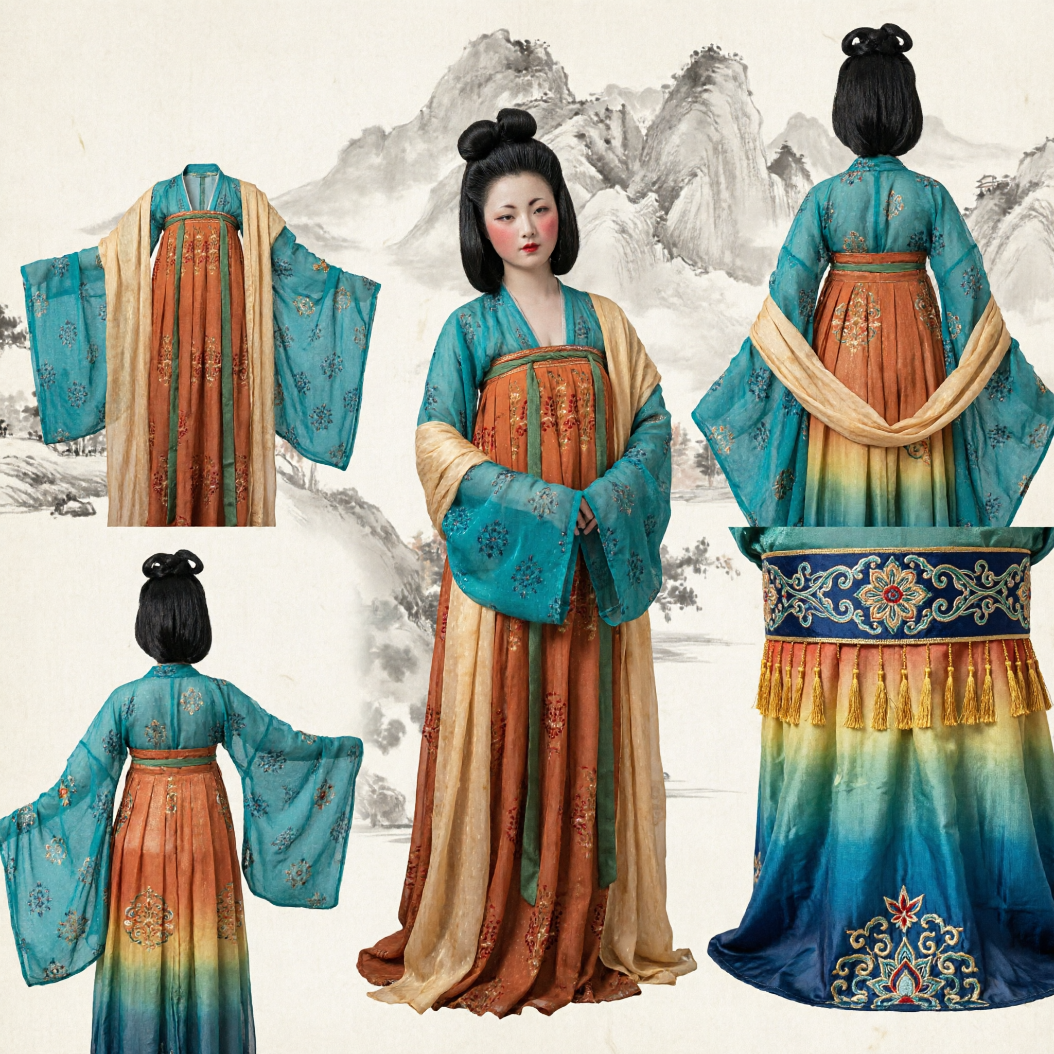Traditional Chinese Tang Dynasty Hanfu Ancient Palace Costume Elegant Orange and Teal Dress for Women
