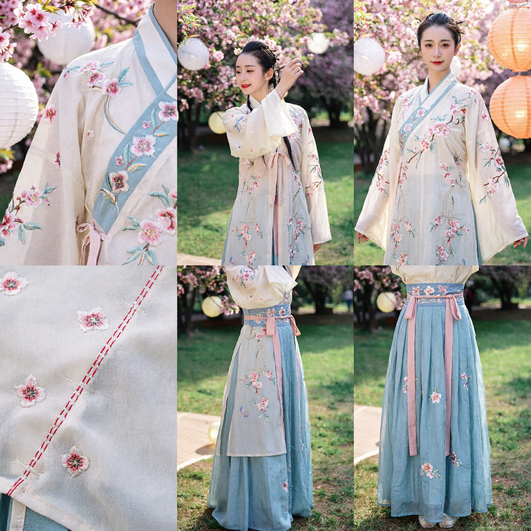 Traditional Chinese Hanfu Clothing for Women Ancient Floral Embroidered Blouse and Pleated Skirt Set for Spring Photography