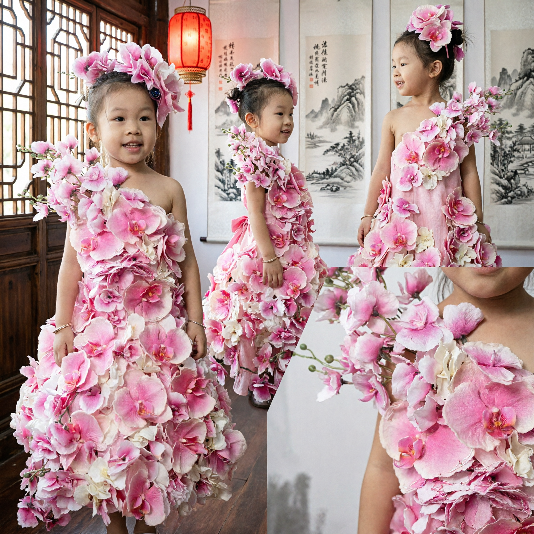 Kids Pink Orchid Flower Dress Costume Stage Performance Gown with Matching Floral Headpiece for Girls