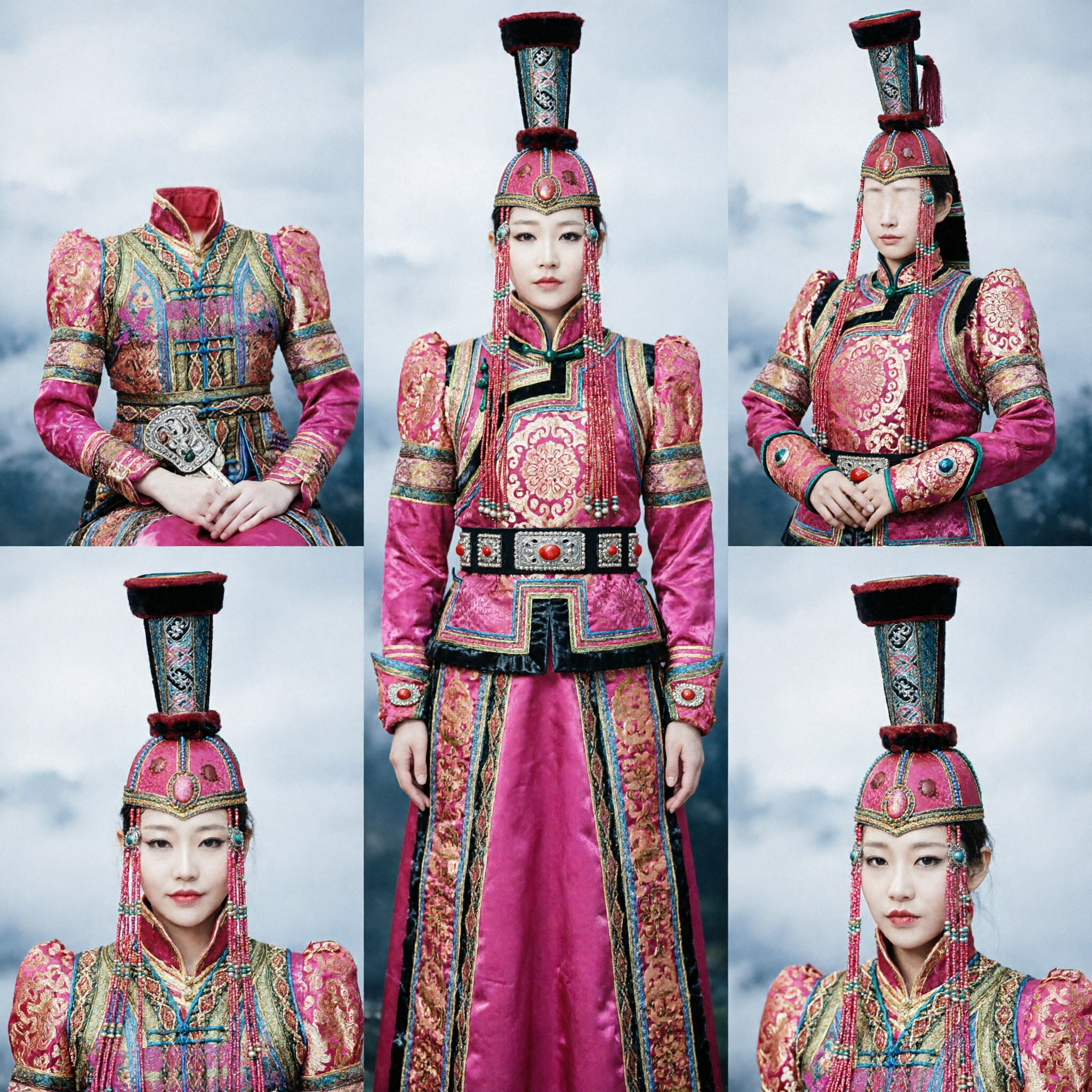 Traditional Mongolian Wedding Dress for Women Ethnic Minority Stage Performance Costume Pink Robe with Tall Hat