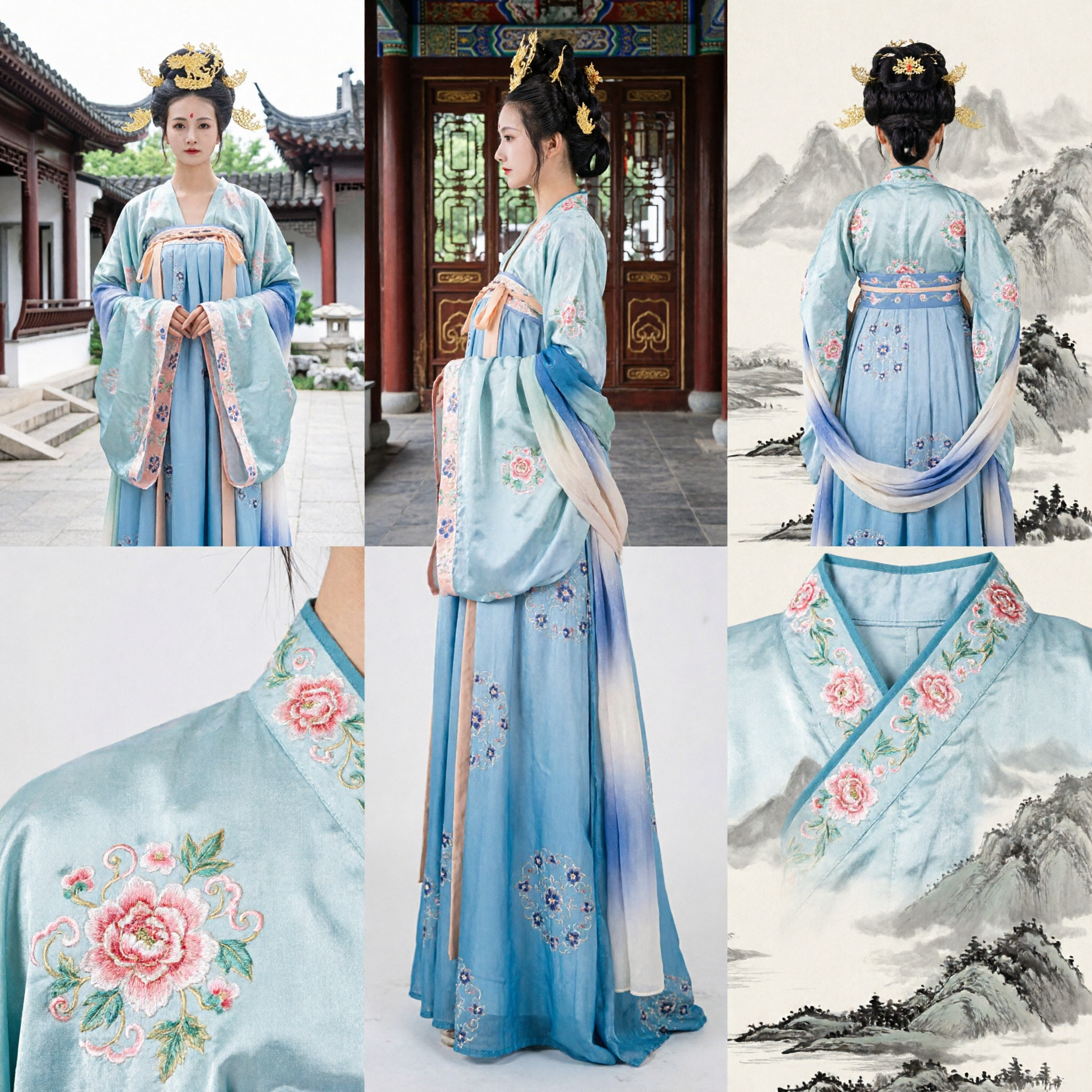 Elegant Blue Gradient Tang Dynasty Hanfu Ruqun Traditional Chinese Ancient Costume for Women Cosplay Performance