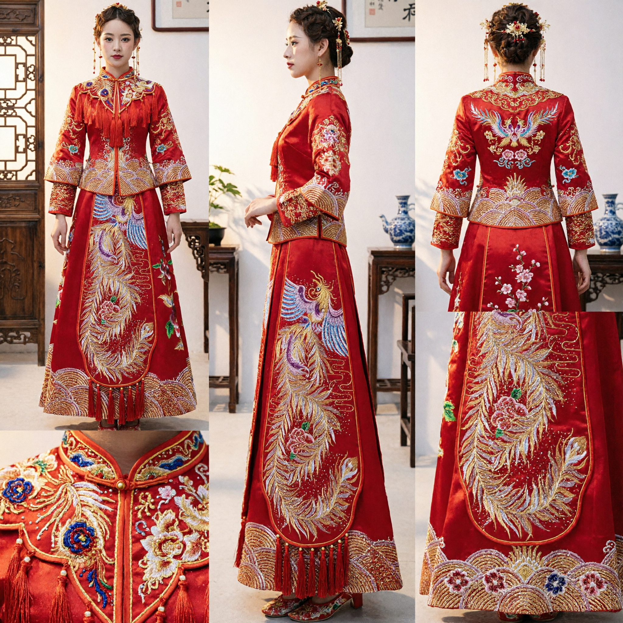 Traditional Chinese Wedding Dress Red Xiu He Fu with Gold Phoenix Embroidery for Bride Tea Ceremony