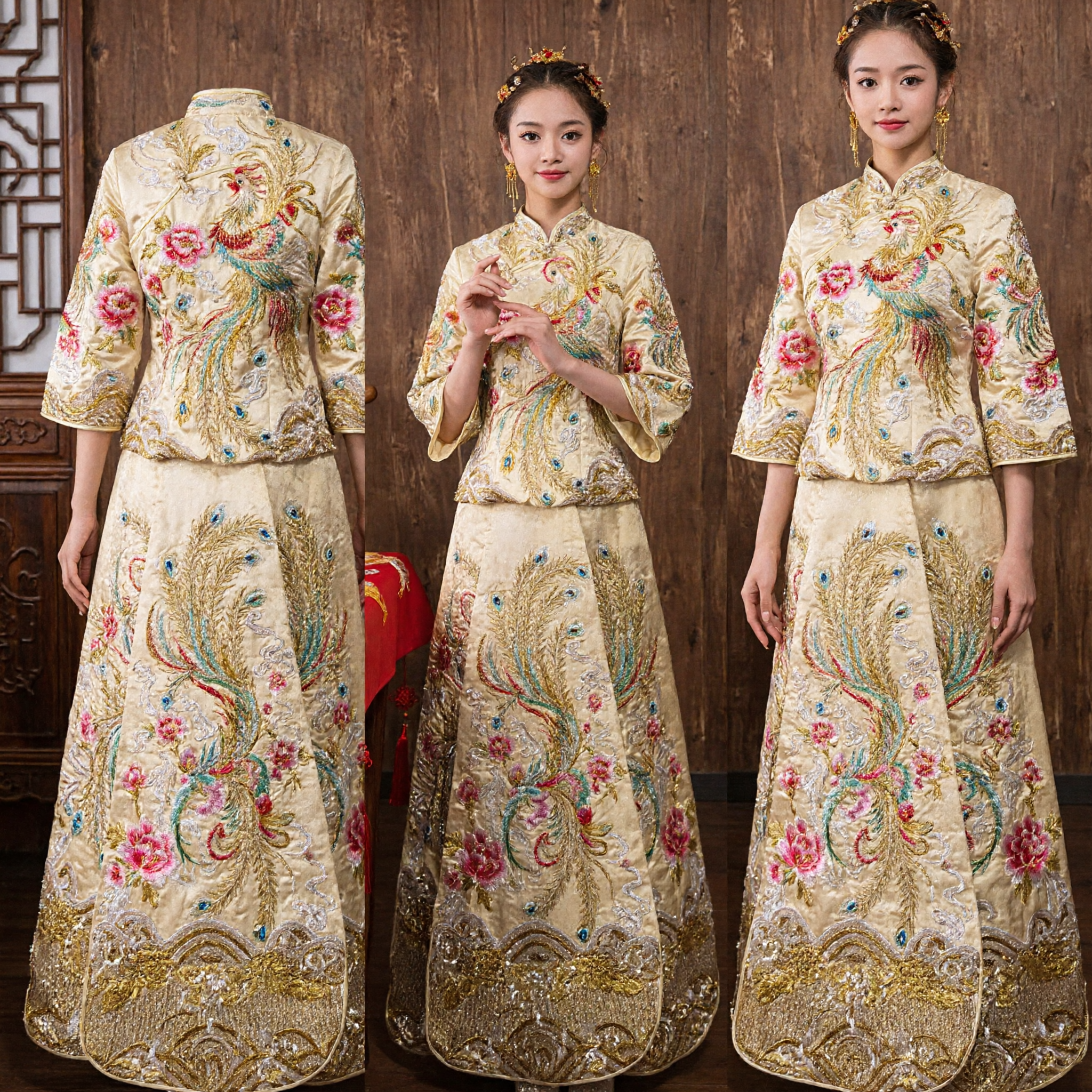Luxury Gold Peacock Embroidered Chinese Xiu He Fu Traditional Wedding Dress Two-Piece Set for Brides