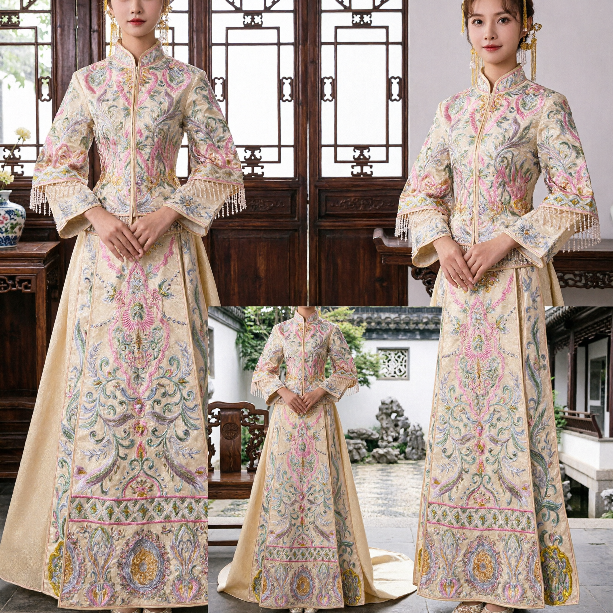 Elegant Champagne Xiuhe Suit Traditional Chinese Wedding Dress Embroidered Long Skirt for Bride Tea Ceremony